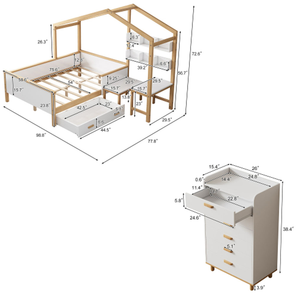 2 Pieces Bedroom Sets White Full Size Wooden House Bed with Desk and 6-Drawer Chest