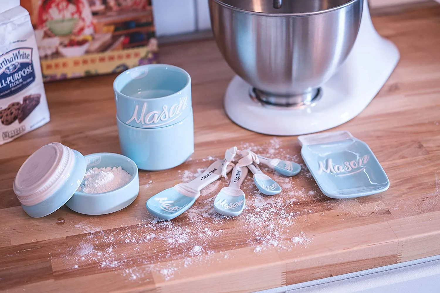 Mason Jar Kitchenware 17-Piece Set - Vintage Kitchen Accessories - Measuring Cups & Spoons, Spoon Rest, Salt & Pepper Shakers, Sponge Holder, Cookie Jar, Utensil Crock - Mother's Day Gift - Aqua Blue