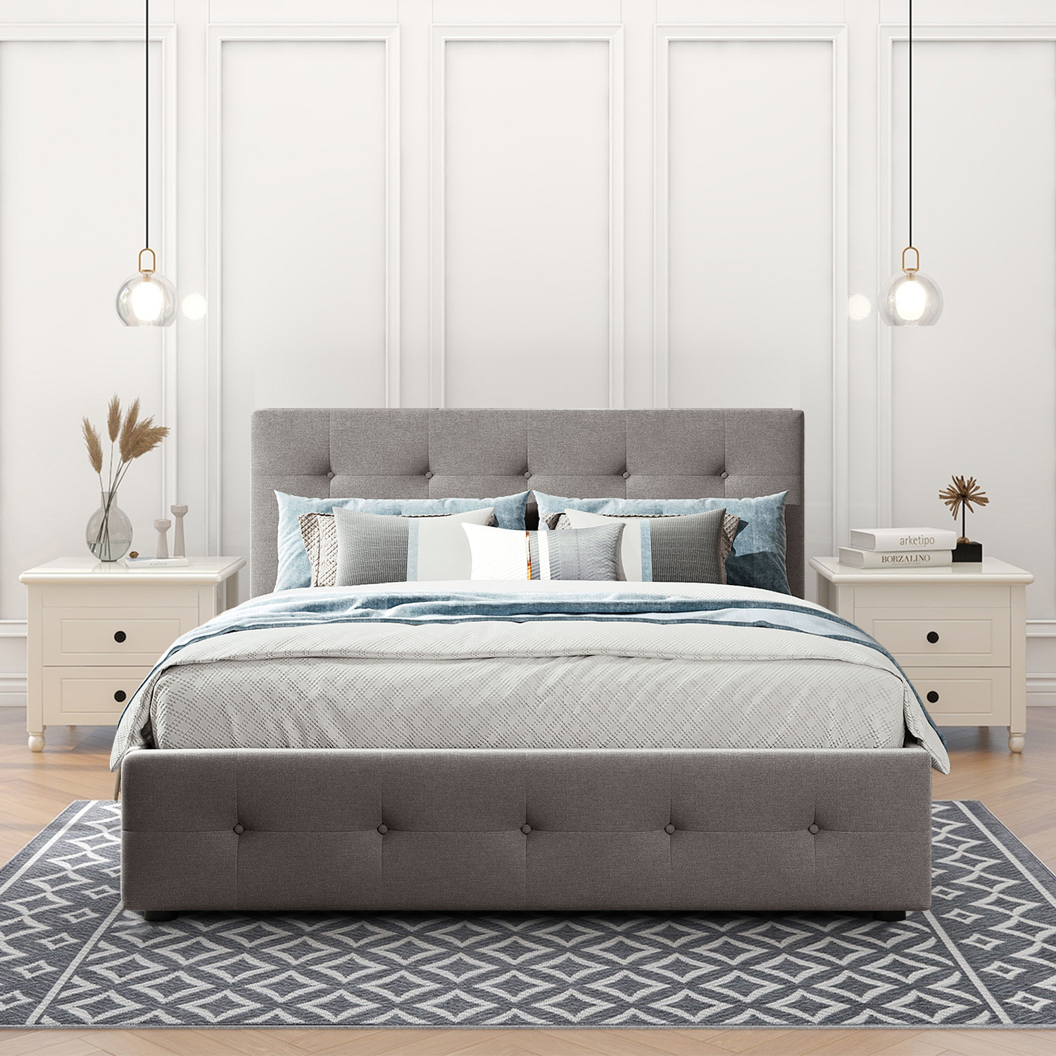 Modern and Stylish Linen Upholstered Wood Frame Queen Size Platform Bed with Headboard, Two Drawers and Trundle Bed, Light Gray