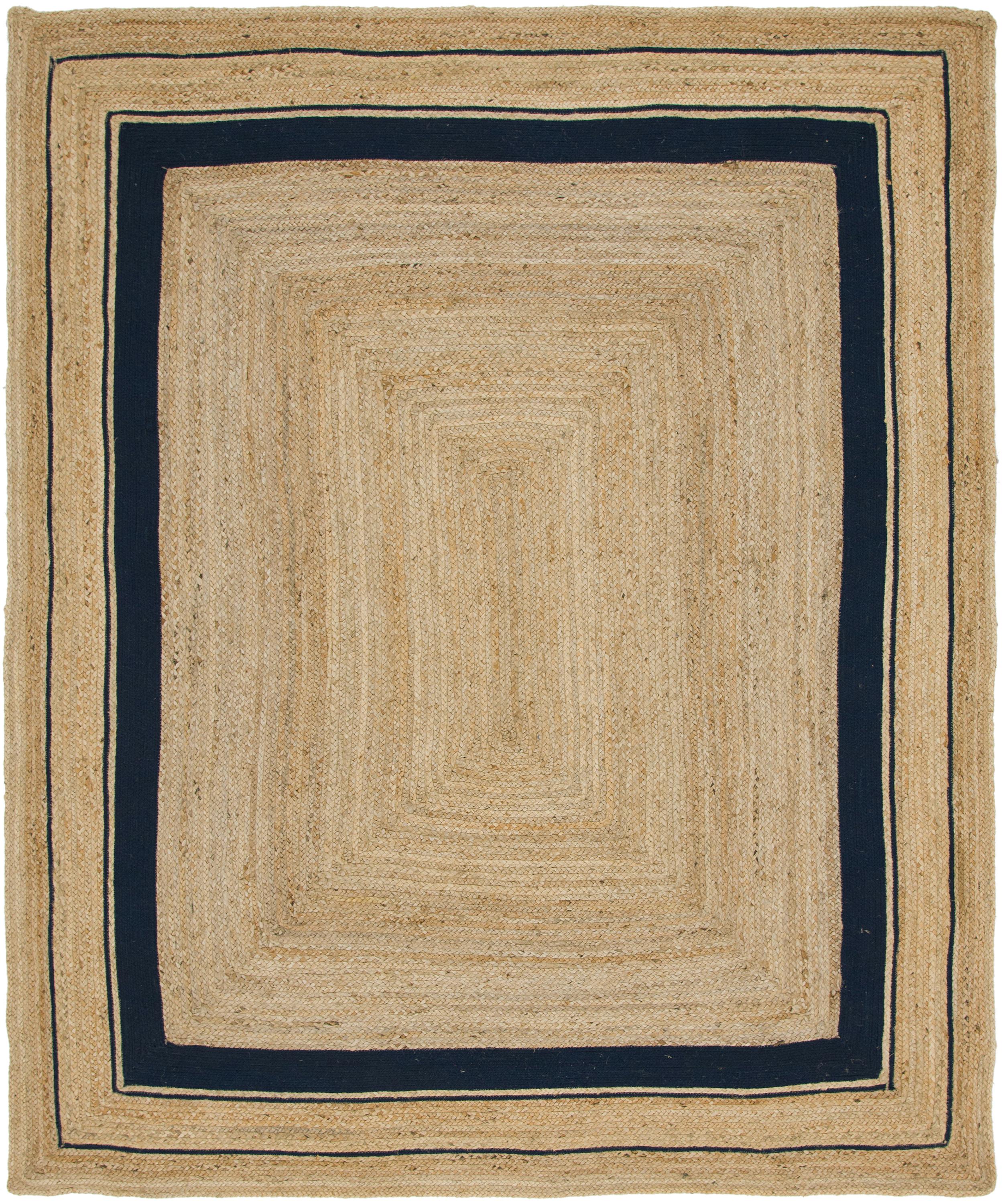 Unique Loom Gujarat Braided Jute Rug Natural and Navy Blue/Navy Blue 8' x 10' Rectangle Hand Made Border Coastal Perfect For Living Room Bed Room Dining Room Office