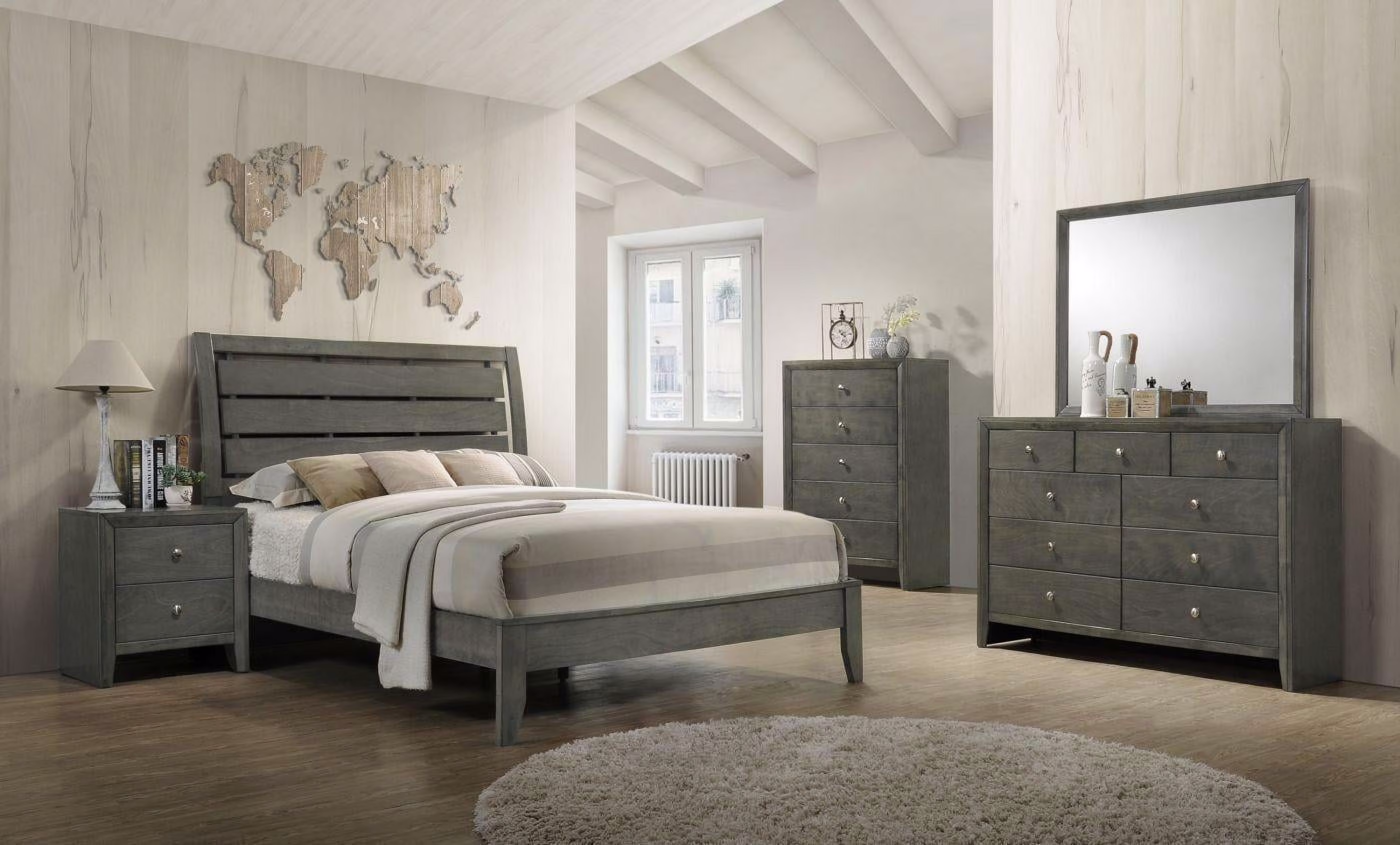Contemporary Style King Size Bed Dresser Mirror Nightstand 5pc Set Gray Finish Solid Wood Bedroom Furniture