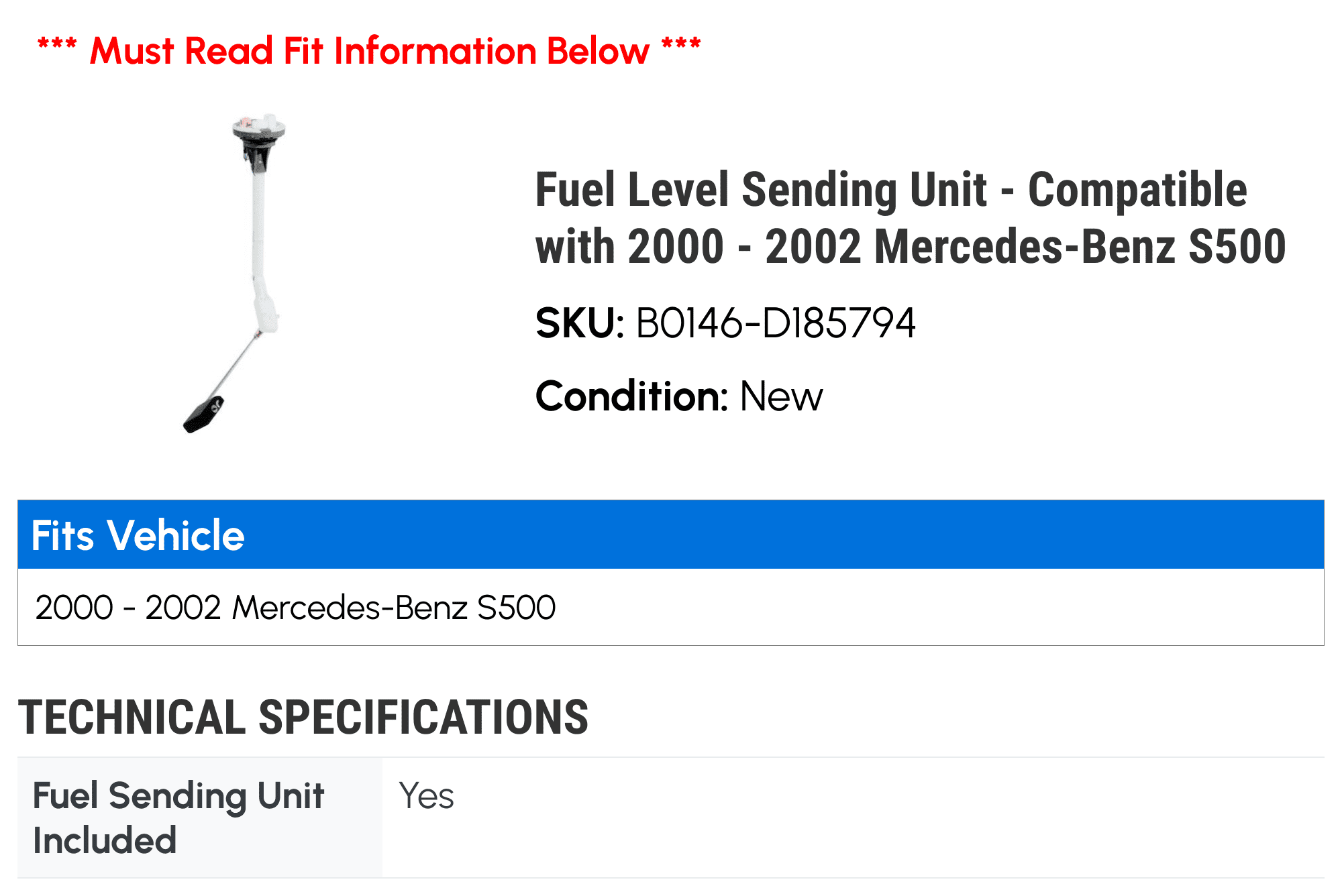 Fuel Level Sending Unit - Compatible with 2000 - 2002 Mercedes-Benz S500 2001
