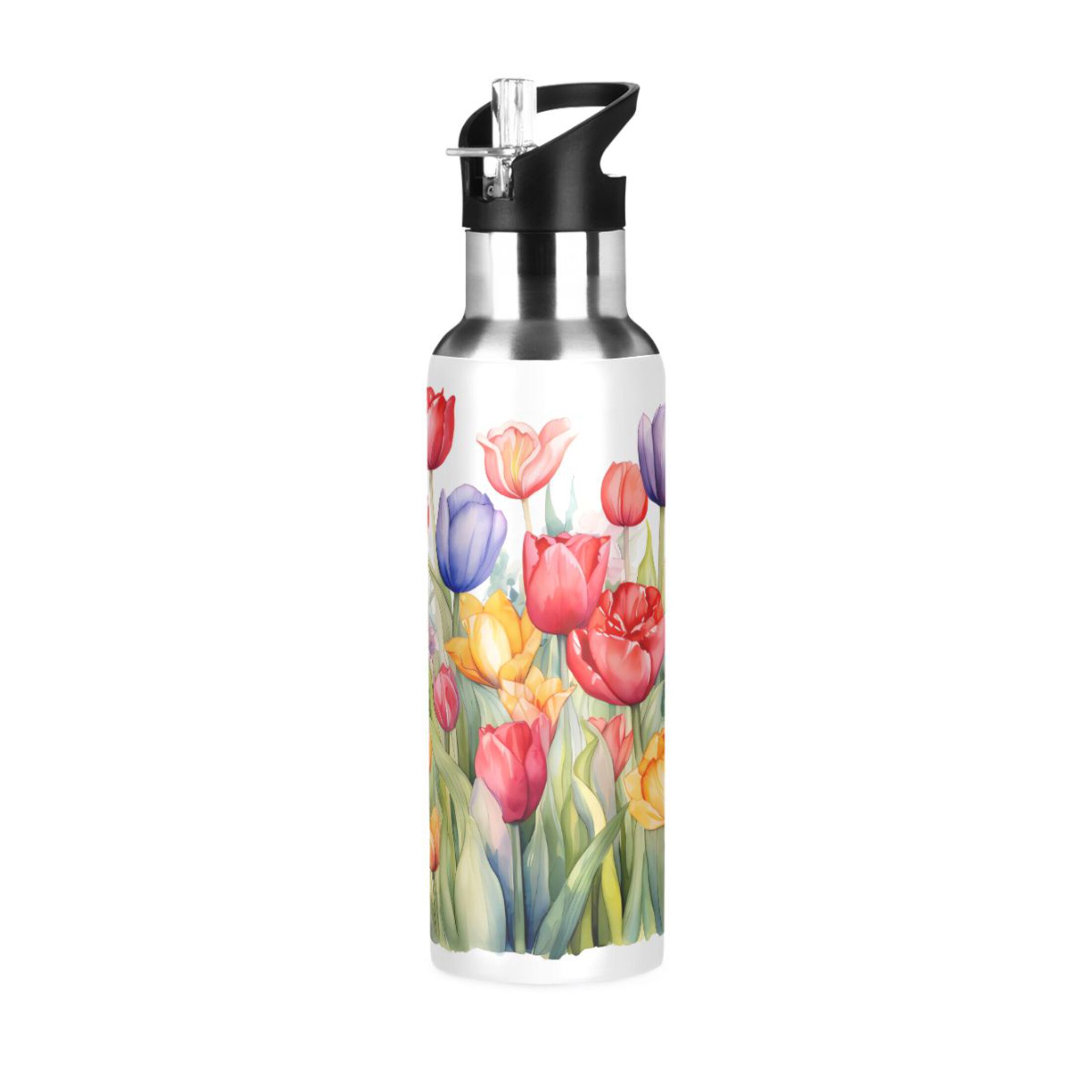 Water Bottle with Straw Lid Leak Flowers with Green Stainless Steel Insulated Thermos Vacuum Flask for Cold Hot Drinking for Sports Camping Gym Yoga