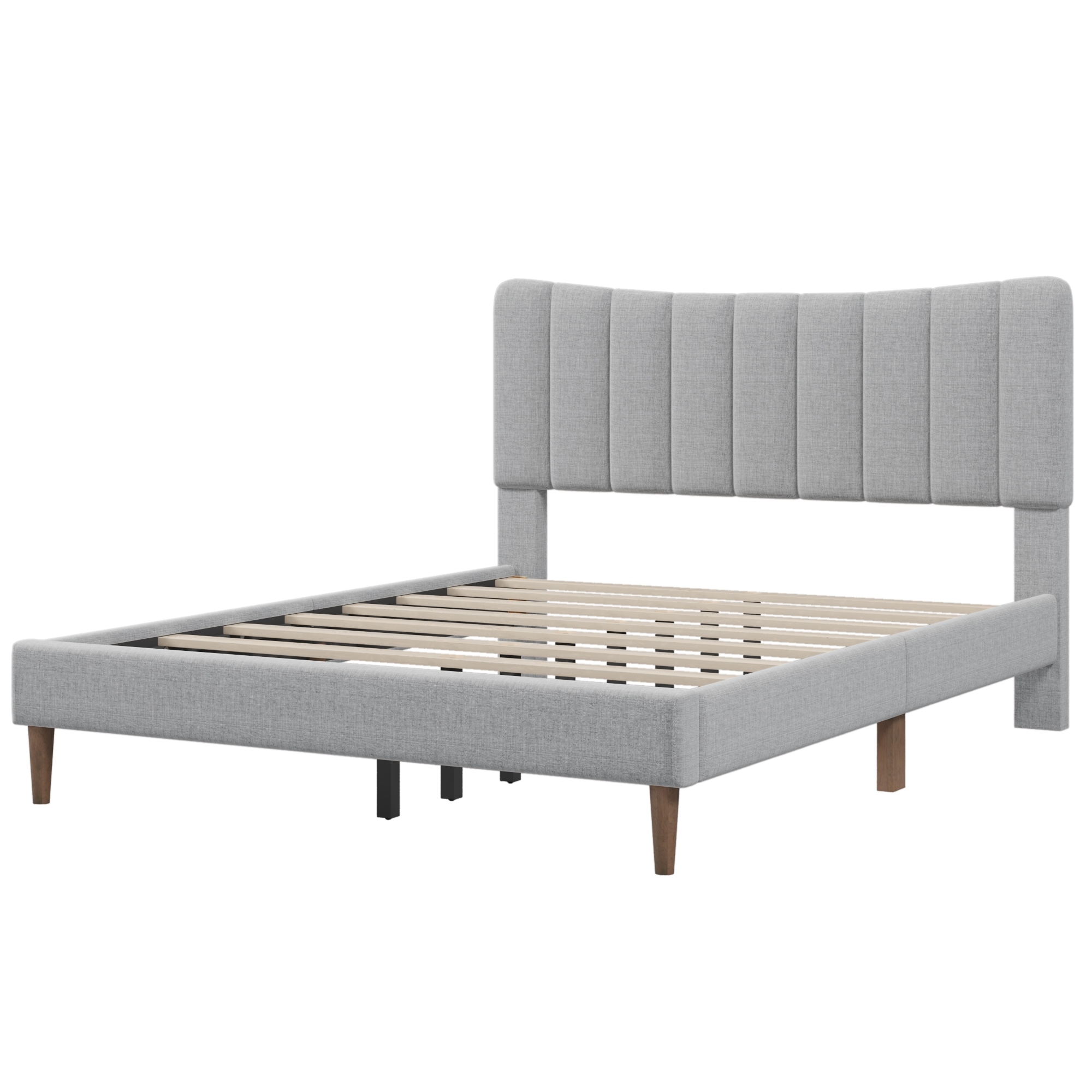 Queen Upholstered Platform Bed Frame with Vertical Channel Tufted Headboard, Wooden Slat Supported, No Box Spring Needed, Grey