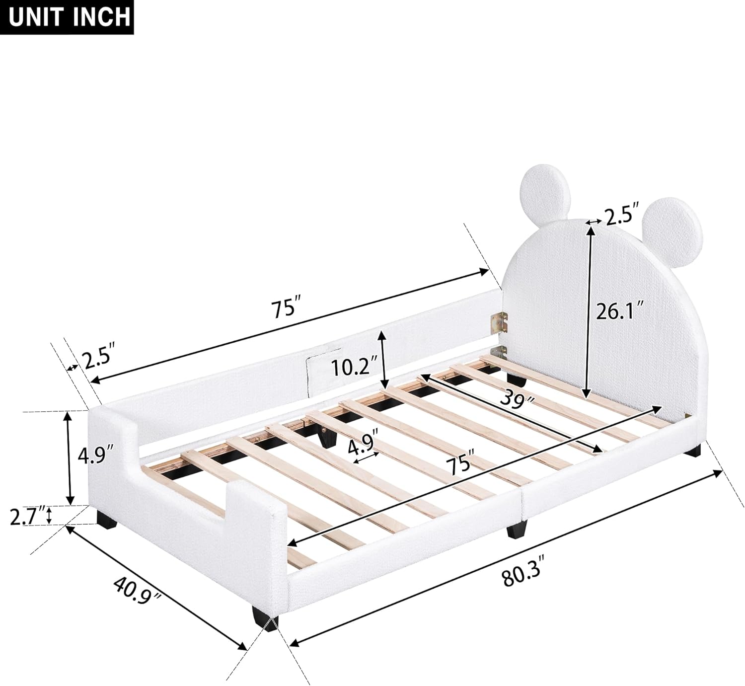 Size Upholstered Bed With Bear Shaped Headboard, Low Platform Bed Frame With Rails, Teddy Fleece Daybed With Slats Support For Kids Girls Boys Tees, White