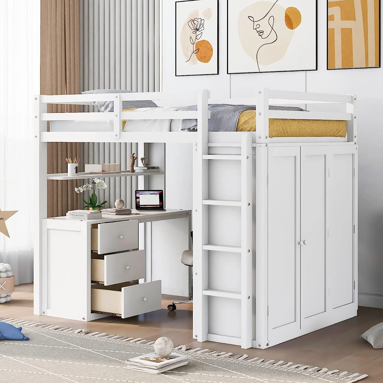 Momspeace Full Size Loft Bed with Wardrobe, Wood Loft Bed Frame with Desk 3 Storage Drawers Shelf Space Saving Platform Bed - White