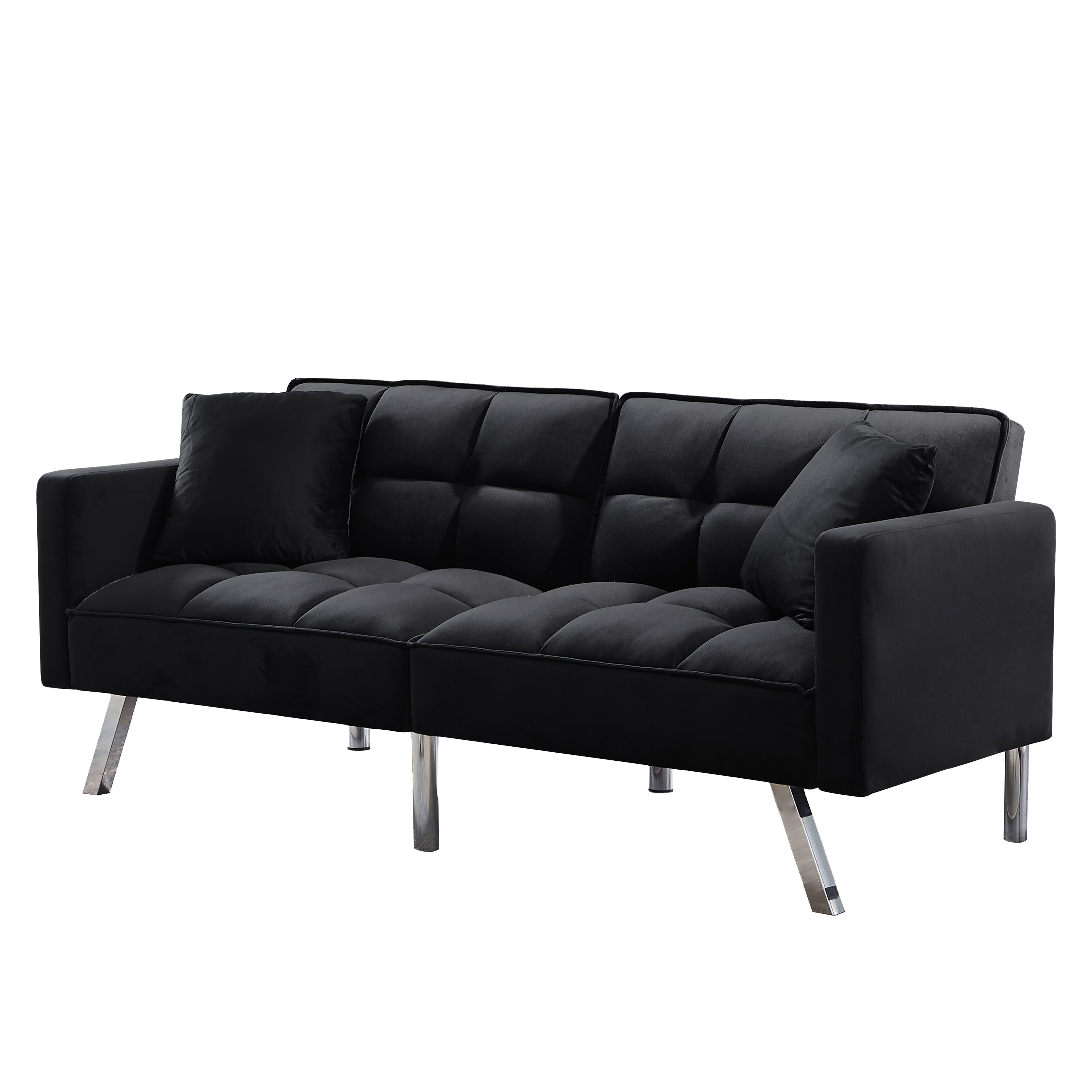 BSHTI Modern Velvet Futon Sofa Bed,Upholstered Tufted Convertible Sofa Sleeper with 2 Pillow(Black)