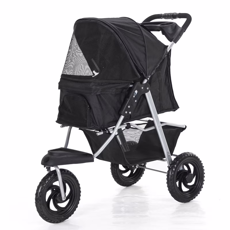 Three Wheel Folding Pet Stroller, Dog Jogger Travel Cats Carrier Adjustable Canopy Storage Brake Mesh Window - Black