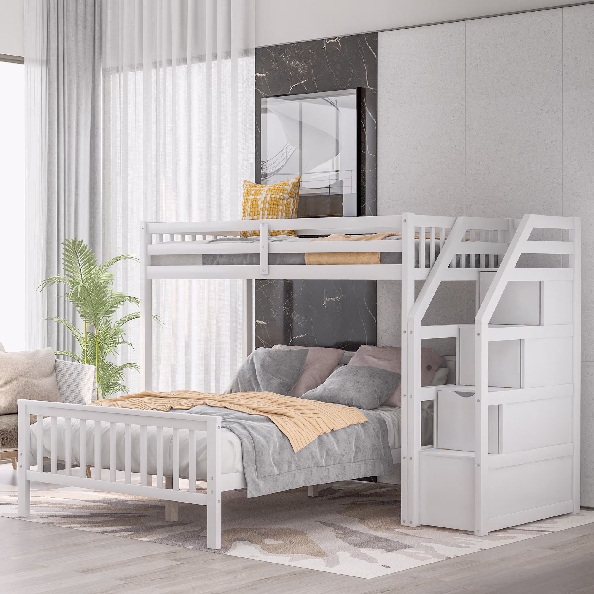 Dcenta Twin over Full Loft Bed with Staircase,White