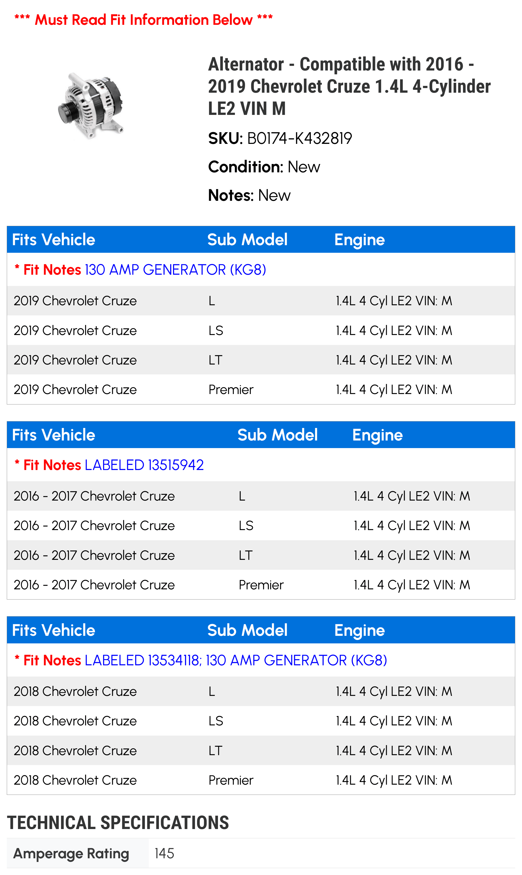 Alternator - Compatible with 2016 - 2019 Chevy Cruze 1.4L 4-Cylinder LE2 VIN M 2017 2018