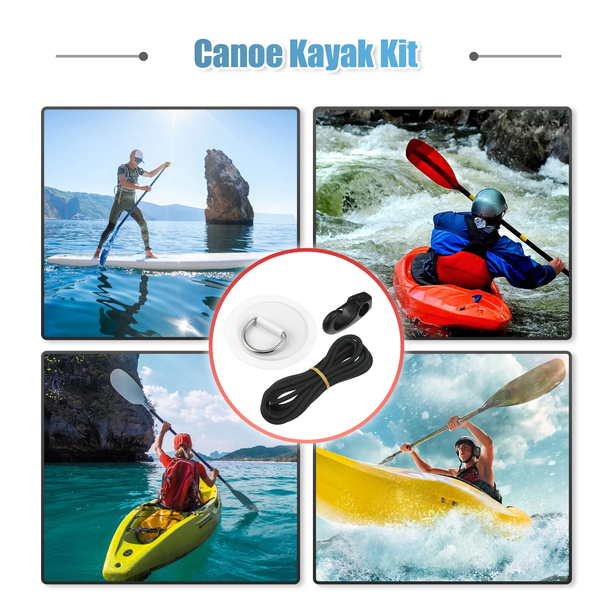 Unique Bargains 9pcs 11.81Ft 6mm Shock Cord with Hooks Elastic Deck Rigging Kit with 4 D Ring Patch for Kayak White