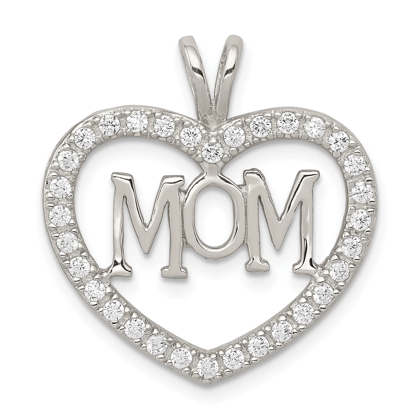 Carat in Karats Sterling Silver Polished Finish Rhodium-Plated CZ Open Heart Mom Charm Pendant (26mm x 24mm) With Sterling Silver Cable Chain Necklace 20''