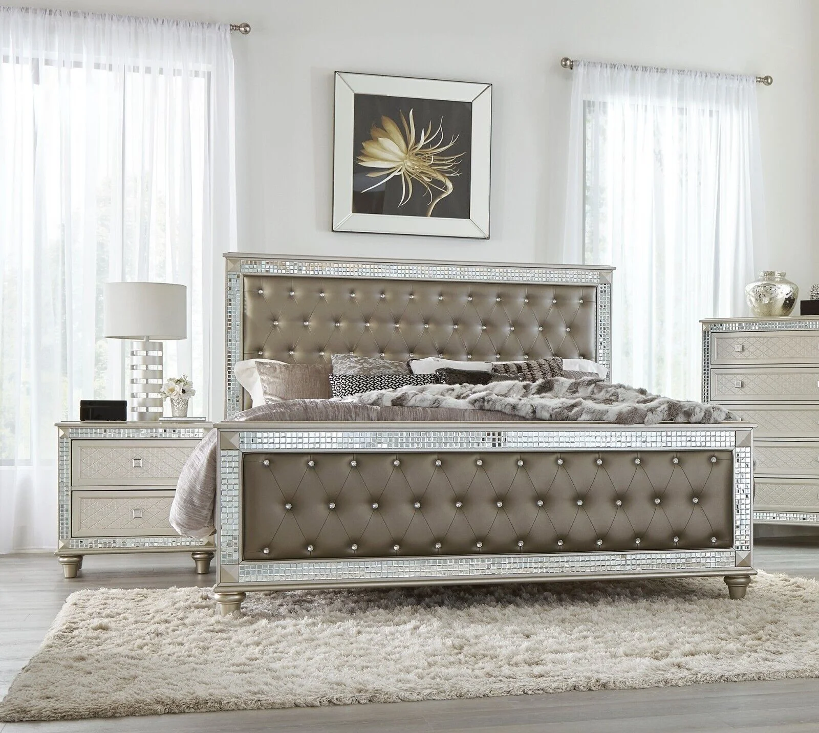 Elegant Style Bedroom Furniture Set 3pc King Bed Nightstands Upholstered Headboard Crystal Tufted Champagne Finish