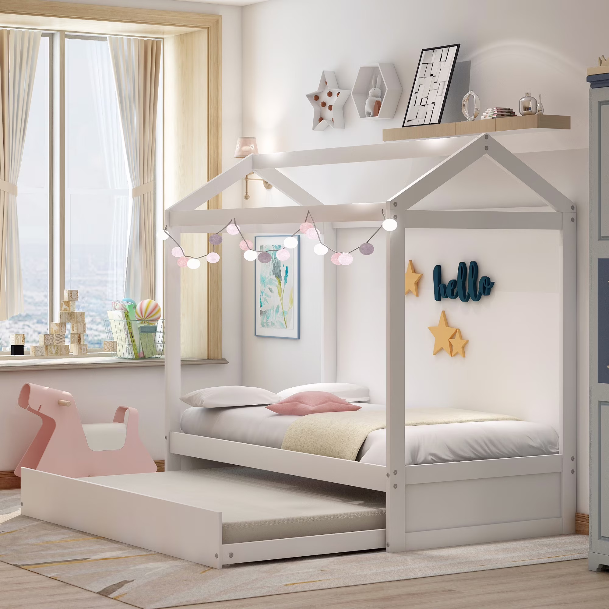 Children House Bed with Trundle Bed for Kids, Twin Size, Solid Wood Twin Daybed Frame with Trundle, can be Decorated, Tent Bedroom Furniture Comfort & Safe