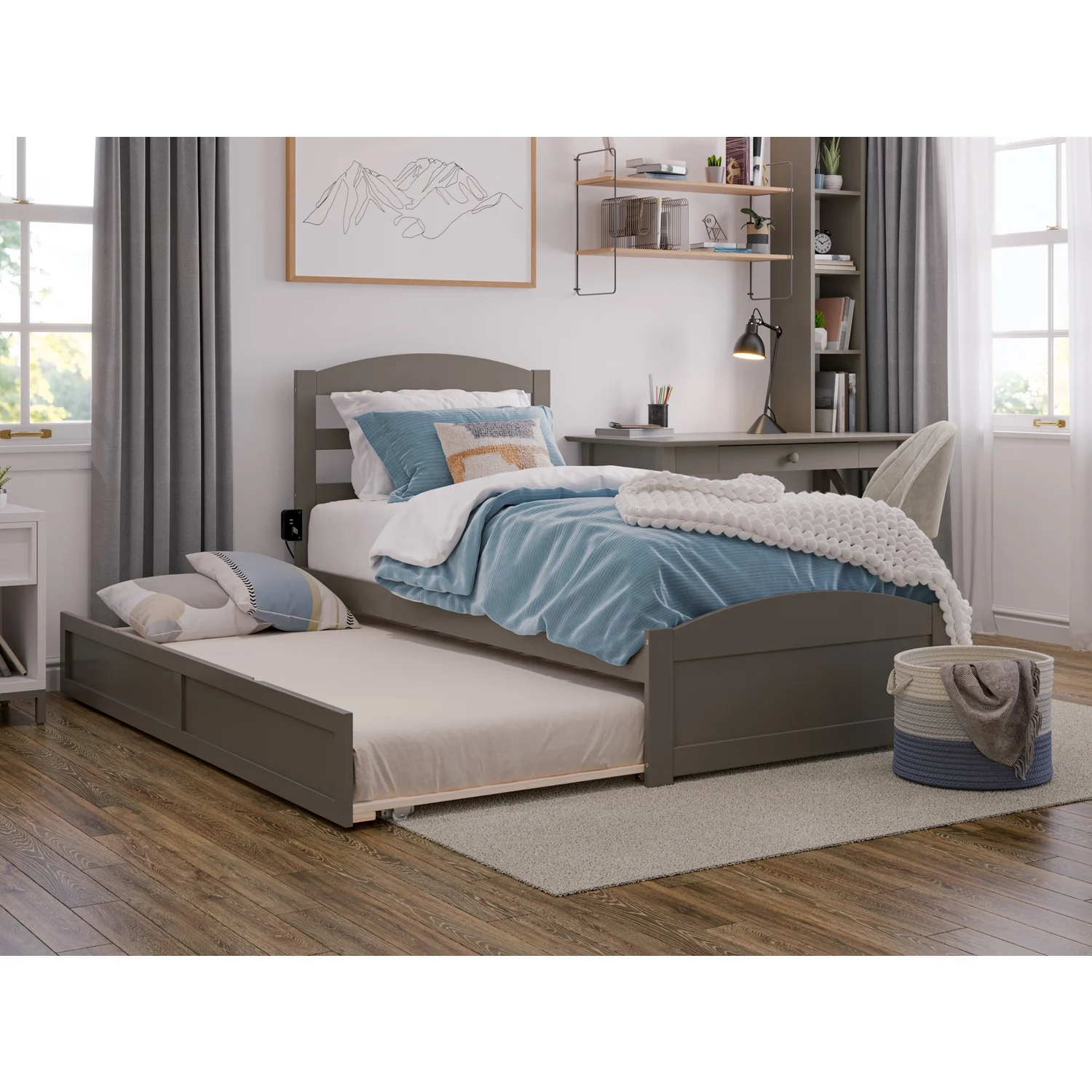 AFI Warren Solid Wood Twin Bed w/ Footboard & Twin Trundle in Gray