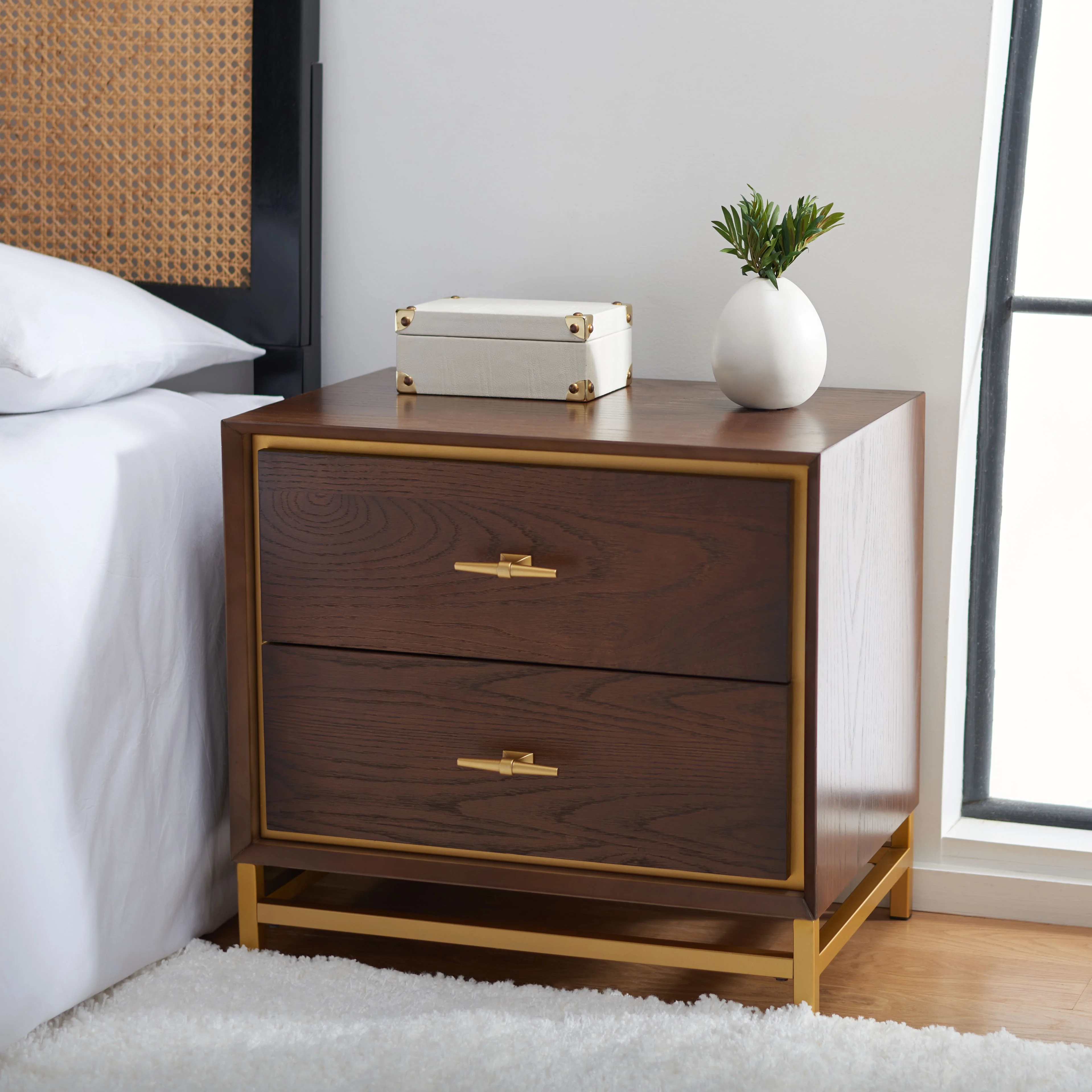 Safavieh Fenno Glam 2 Drawer Nightstand, Walnut/Brass