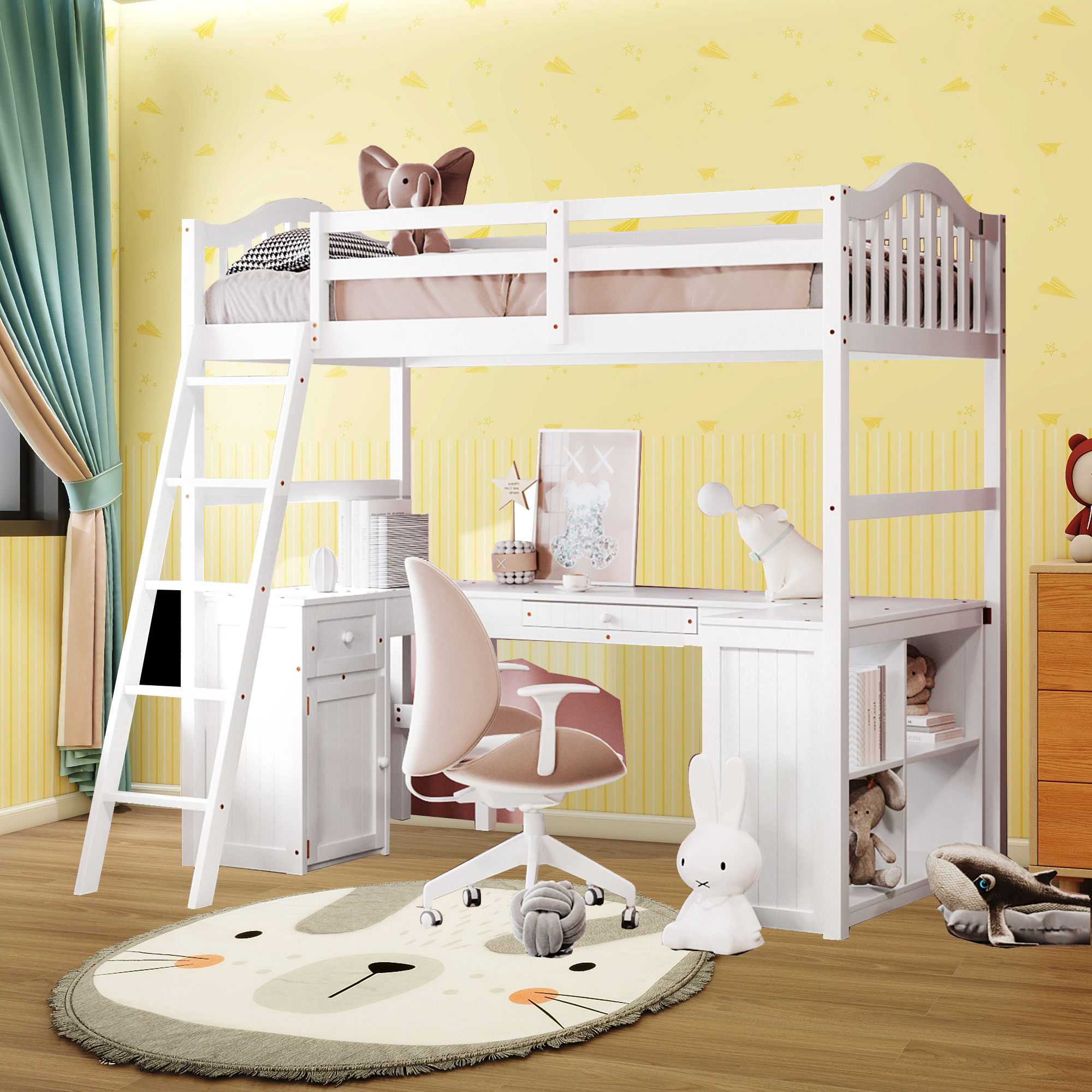 Loft Bed with Desk, Twin Size Loft Bed with Drawers, Cabinet, Shelves and Desk, Wooden Loft Bed with Desk and Storage, Dorm Bed Shelf Twin Loft Bed for Kids Teens Adult (White, Twin)