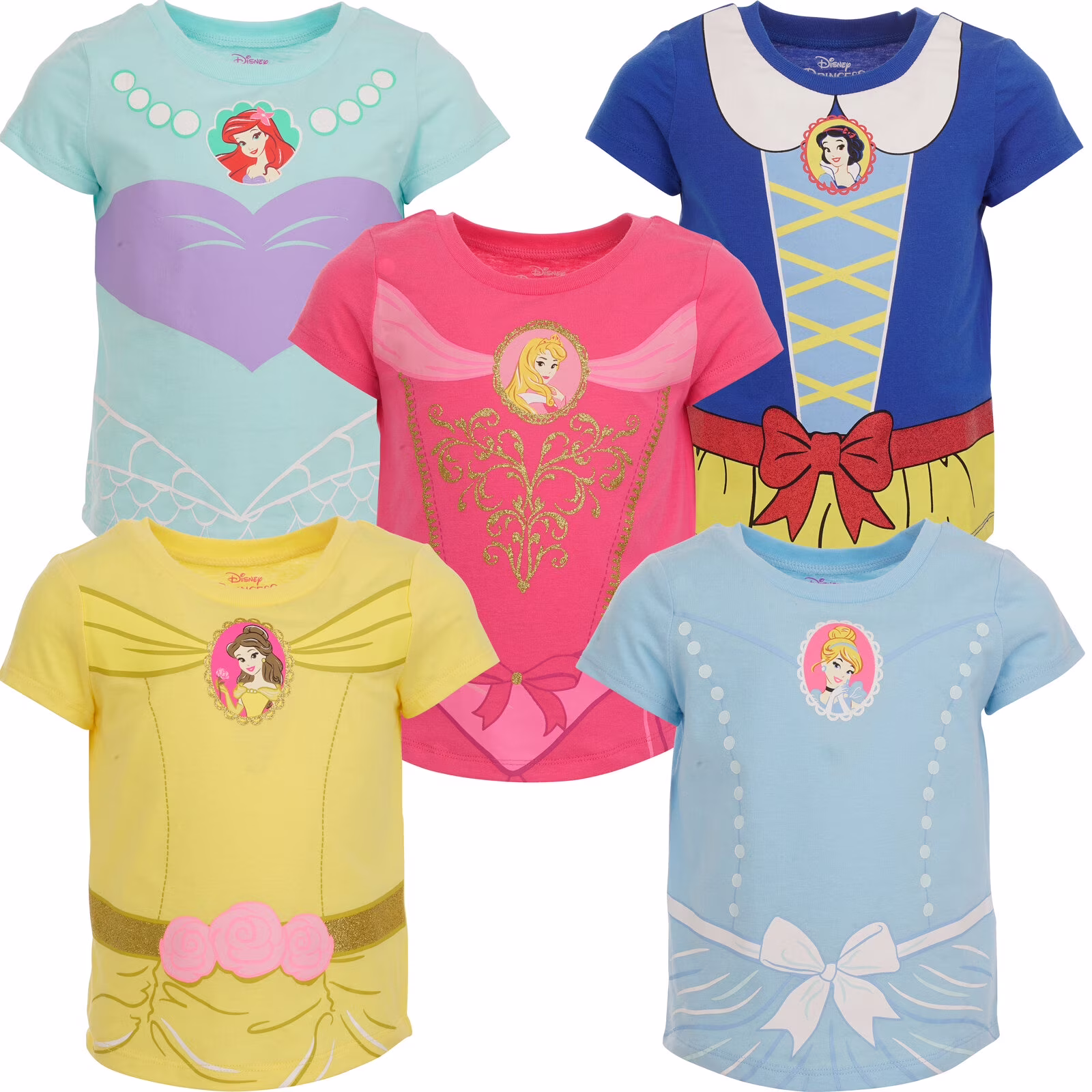 Disney Princess Little Girls 5 Pack T-Shirts Infant to Big Kid