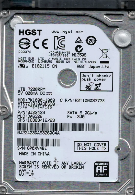 HTS721010A9E630 P/N: 0J22423 MLC: DA6326 China HGST 1TB