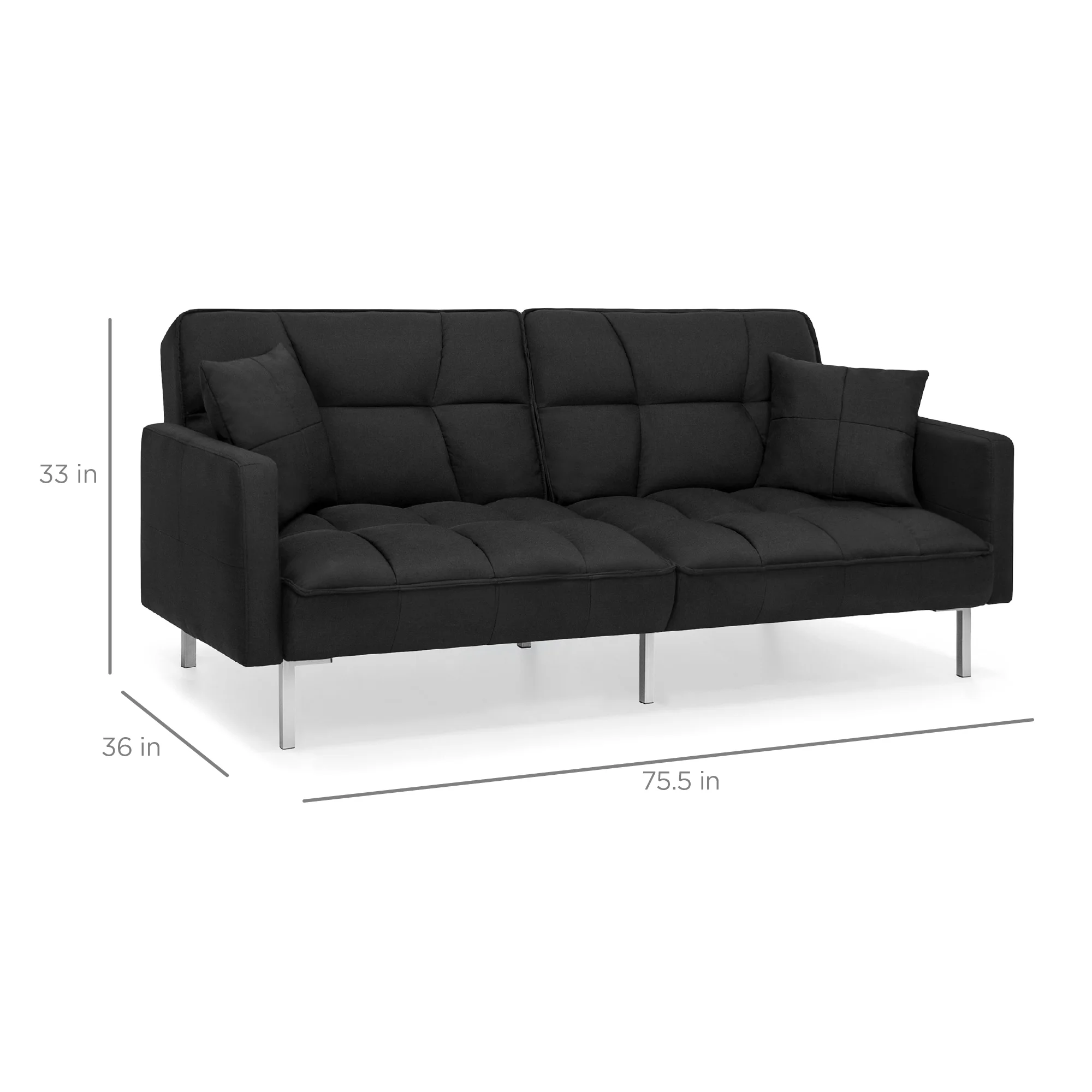 Best Choice Products Convertible Living Room Linen Fabric Tufted Split-Back Futon Sofa w/ 2 Pillows - Black