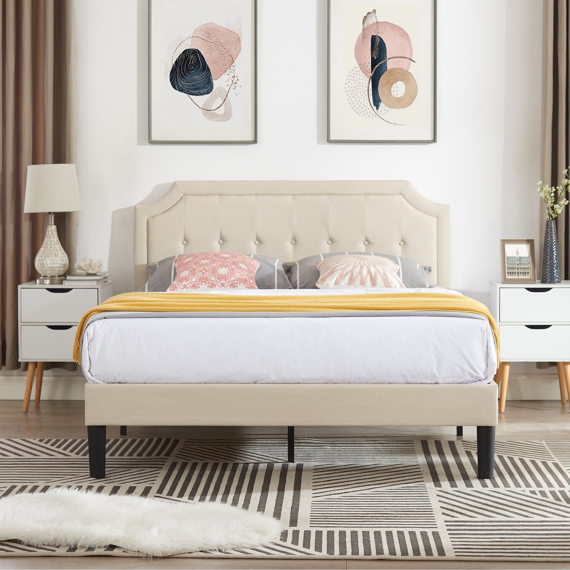 Javlergo Modern Tufted Upholstered Bed Frame with Height Adjustable Headboard Beige Queen