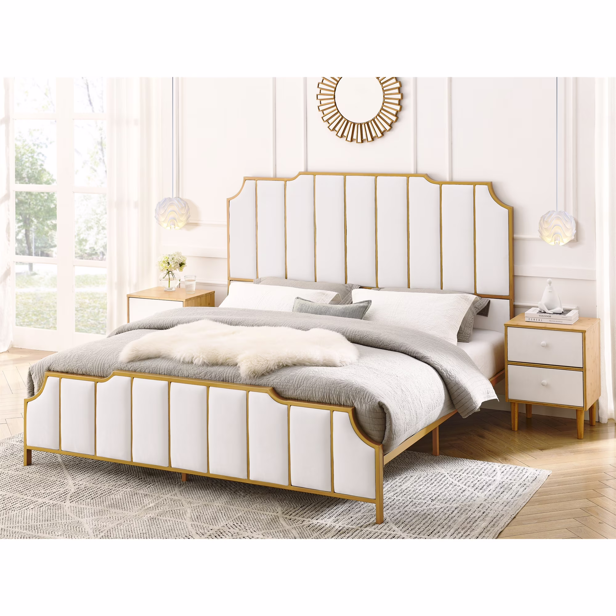 Velvet White Upholstered Queen Size Bed Frame with High Headboard and Wood Slat Support, No Box Spring Needed, Easy Assembly