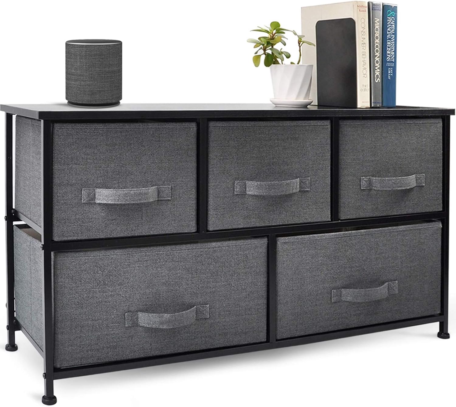 Wide Drawer Dresser Storage Organizer 5-Drawer Closet Shelves, Sturdy Steel Frame Wood Top With Easy Pull Fabric Bins For Clothing, Blankets - Charcoal