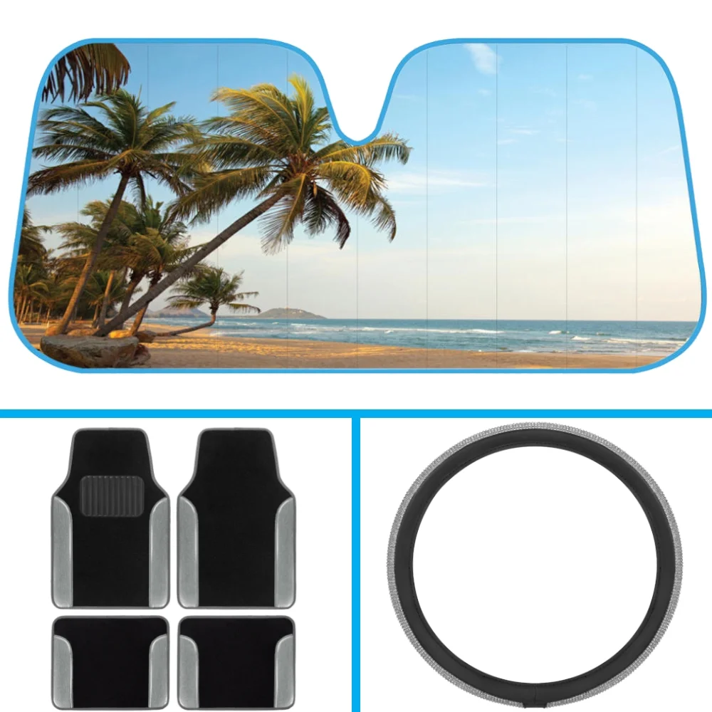Vibrant Colors Car Accessory Gift Set, Includes Palm Beach Sunset Auto Sunshade, Two-Tone Carpet Floor Mats & Crystal Bling Steering Wheel Cover, Holiday Combo Pack for Autos Truck Van SUV