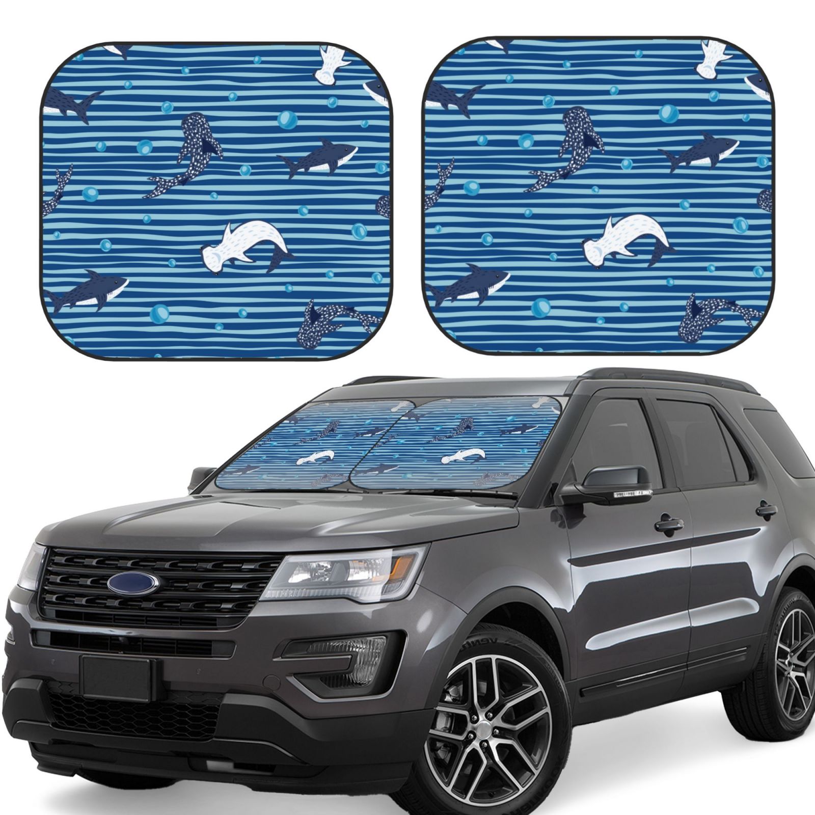 Lukts Sharks On White Blue Striped Print 2 Piece Car Sun Shade Windshield,Foldable Car Shade Front Windshield With Keeps Your Vehicle Cool, For Most Sedans Suv And Trucks - Small