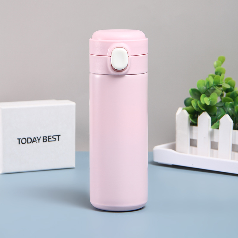 Stainless Steel Water Bottle 14oz White Straight Thin Kids Cup Straw Cup with Pop black lid