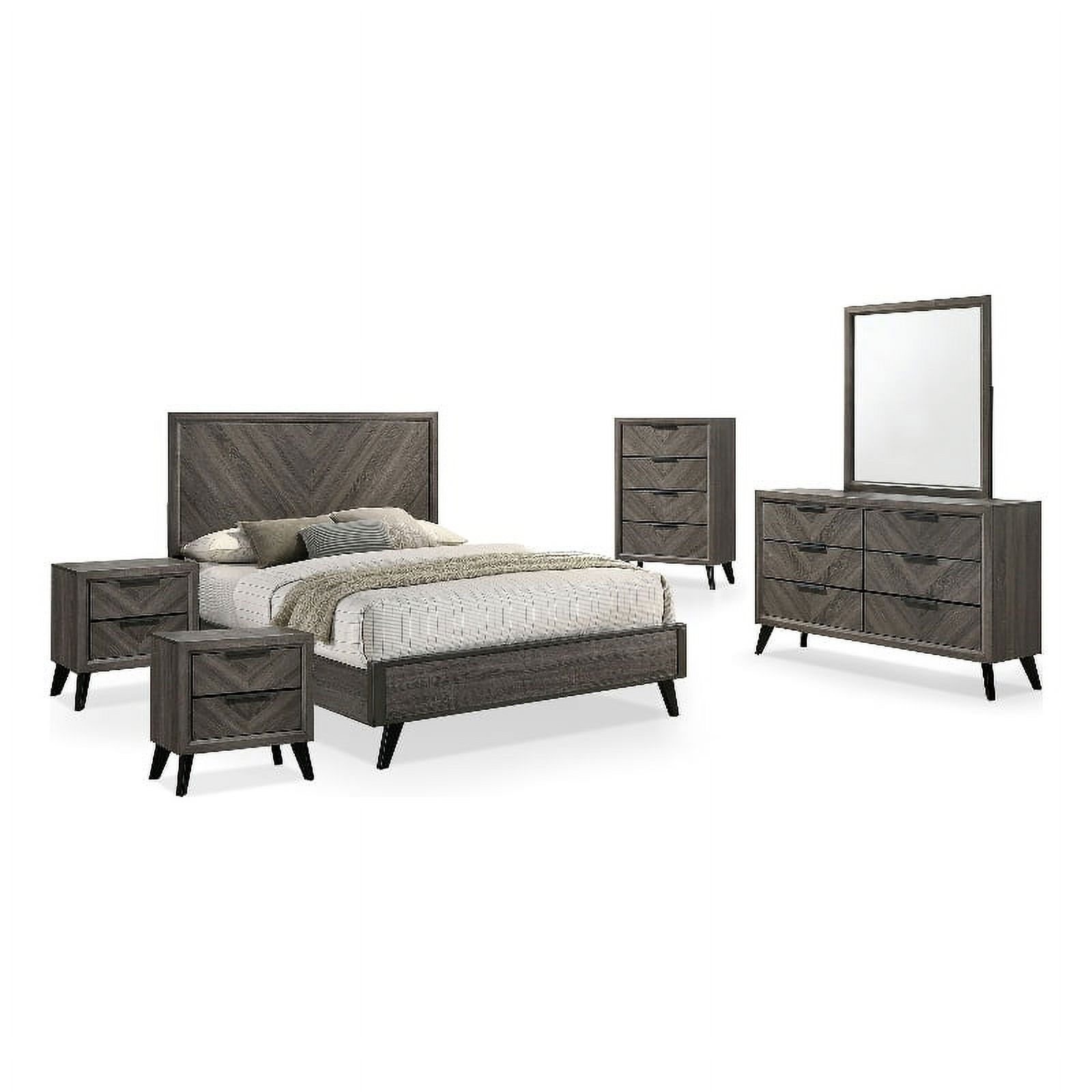 FOA Hean 6pc Wood Gray Bedroom Set - Cal King+2 Nightstands+Chest+Dresser+Mirror
