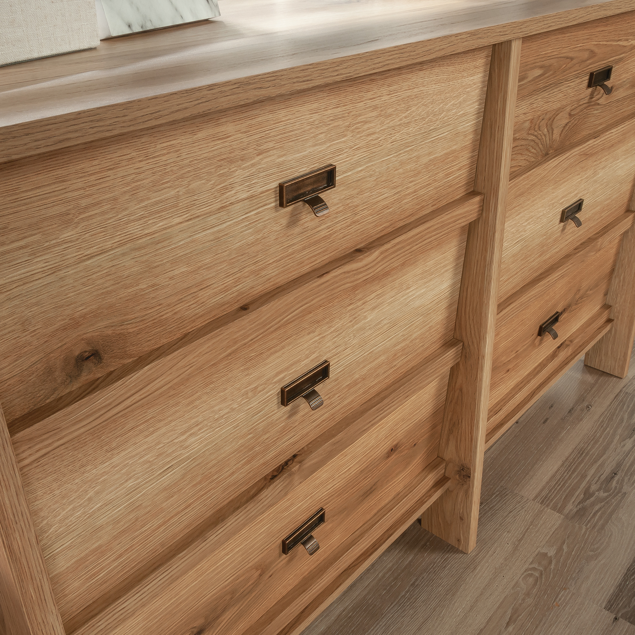 Sauder Trestle 6-Drawer Bedroom Dresser in Timber Oak, Timber Oak Finish