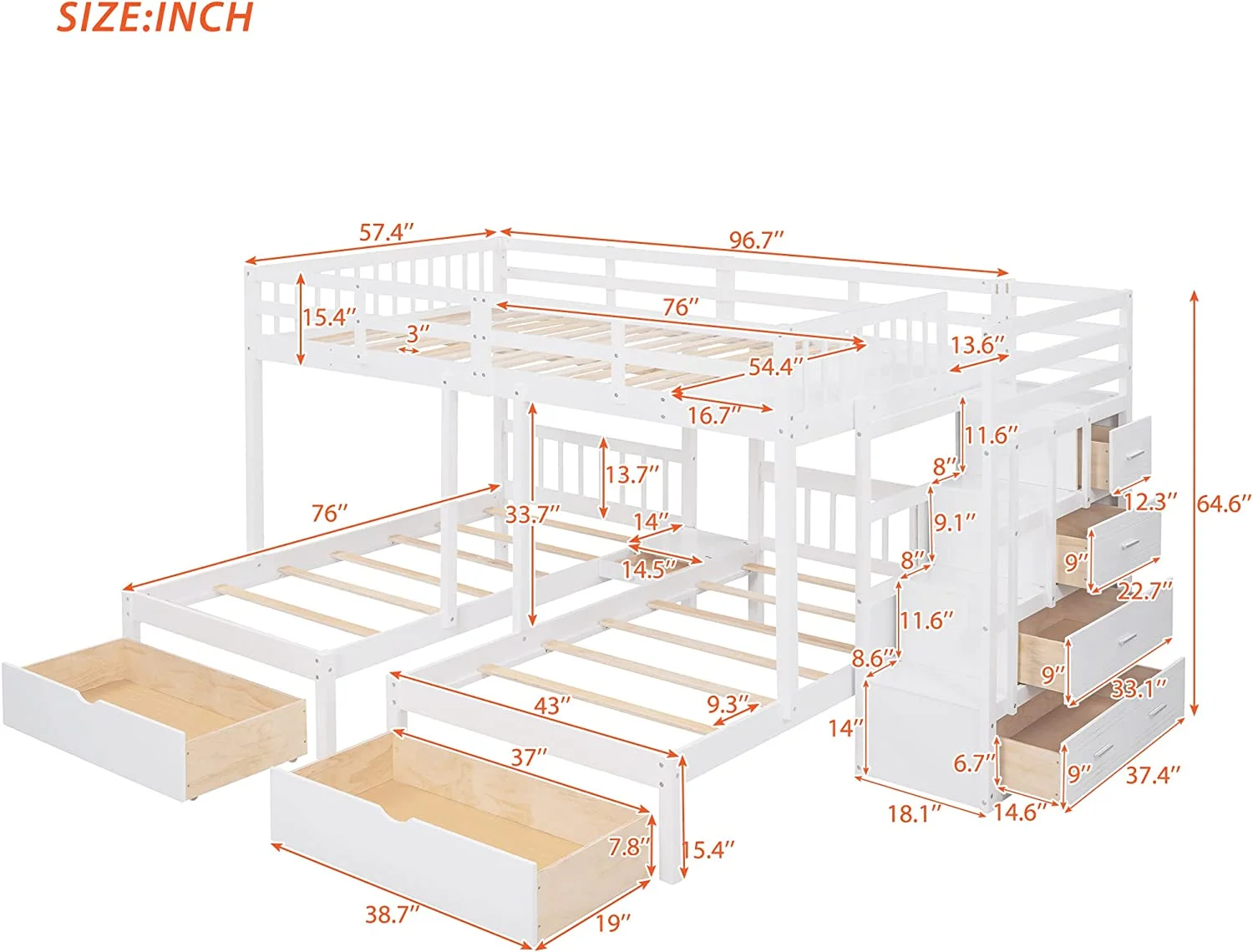 Full Over Twin & Twin Bunk Bed, Wood Triple Bunk-Beds with Drawers and Guardrails,White