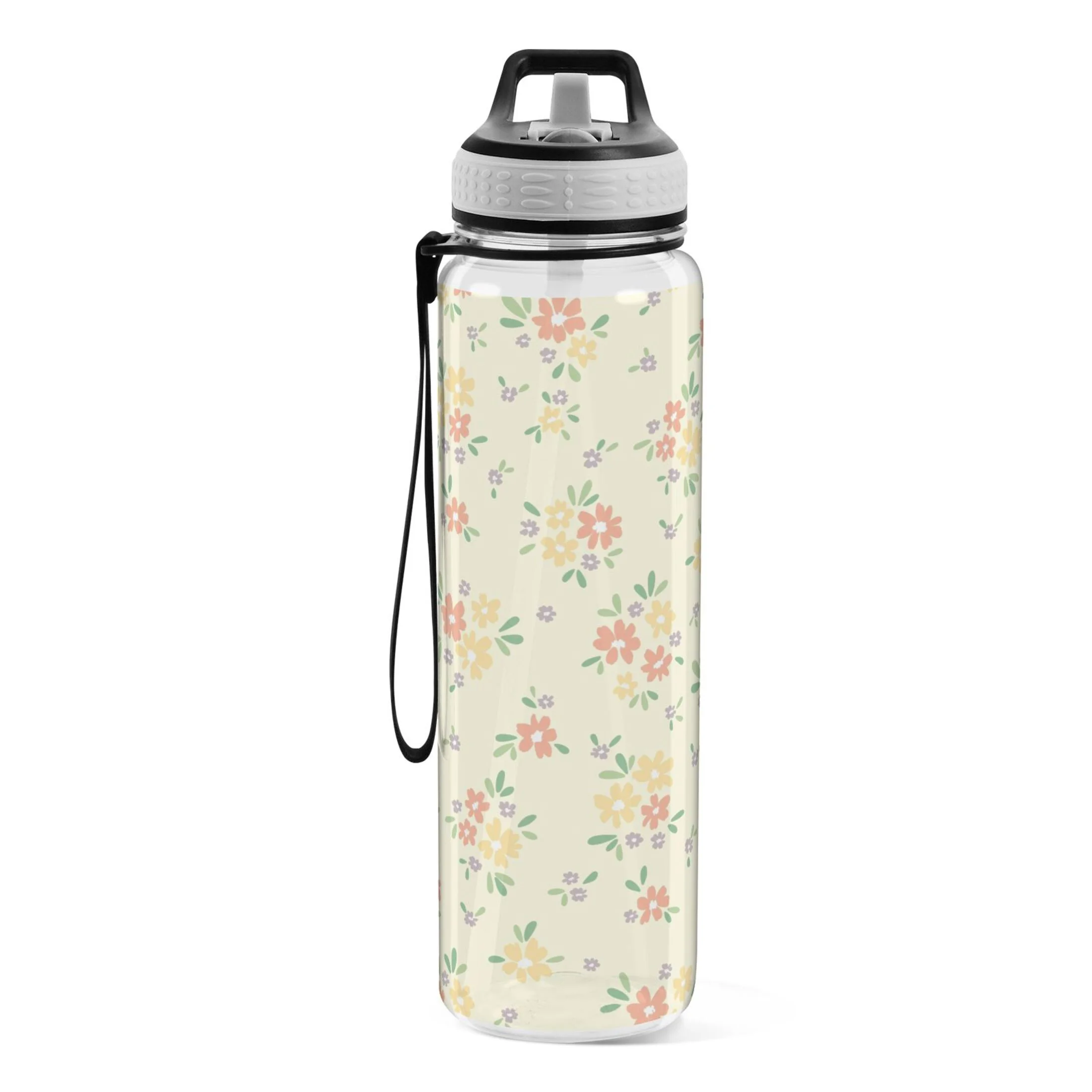 Floral on Yellow 32oz Water Bottles with Straw Tritan Leakproof Sports Bottle BPA Free Clear for Fitness Gym Swimming Cycling