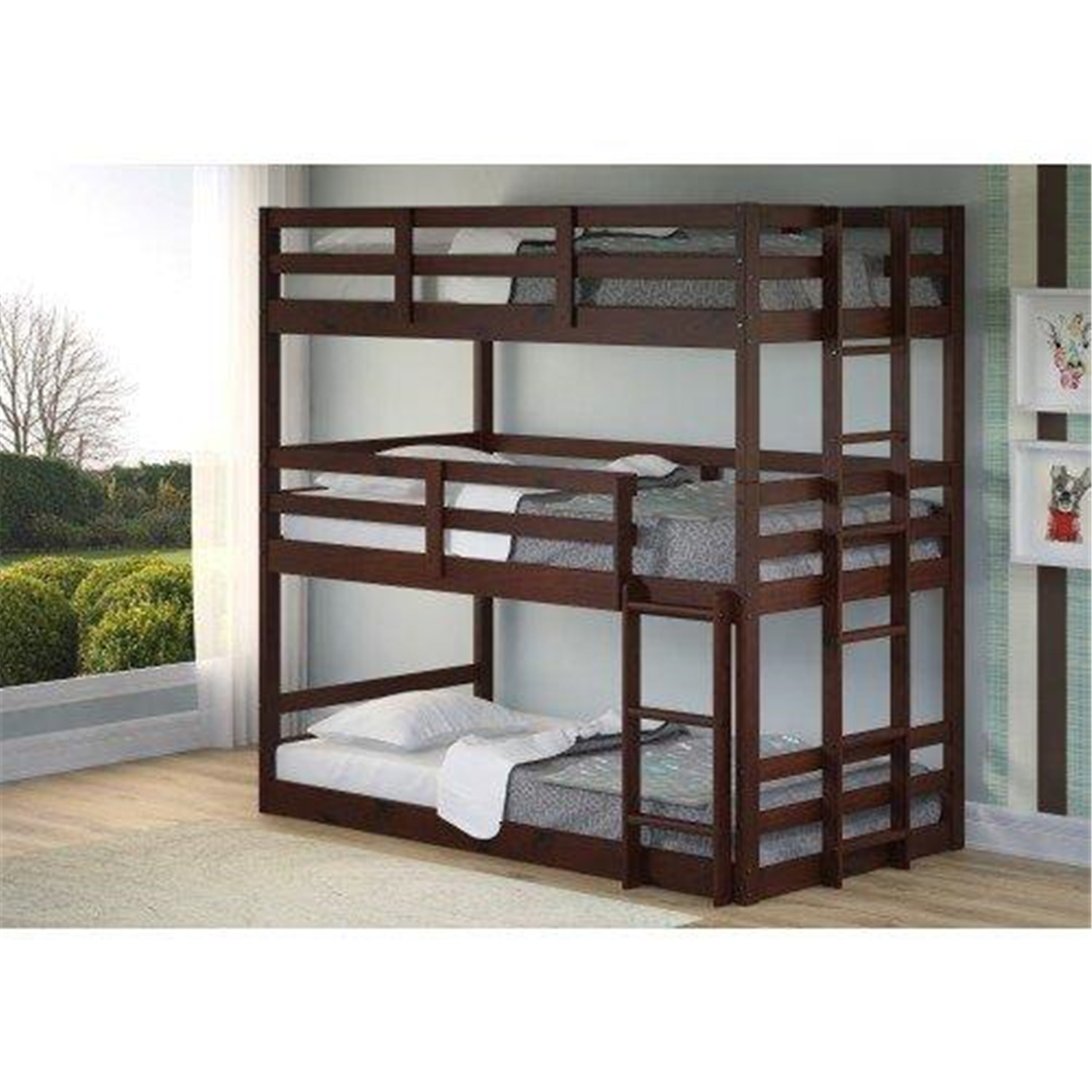 Donco Kids Pine Wood Bunk Bed, Twin-over-Twin-over-Twin, Dark Cappuccino