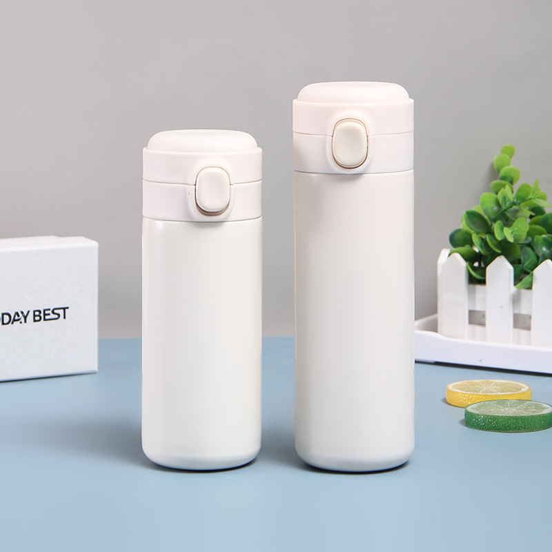 Stainless Steel Water Bottle 14oz White Straight Thin Kids Cup Straw Cup with Pop black lid