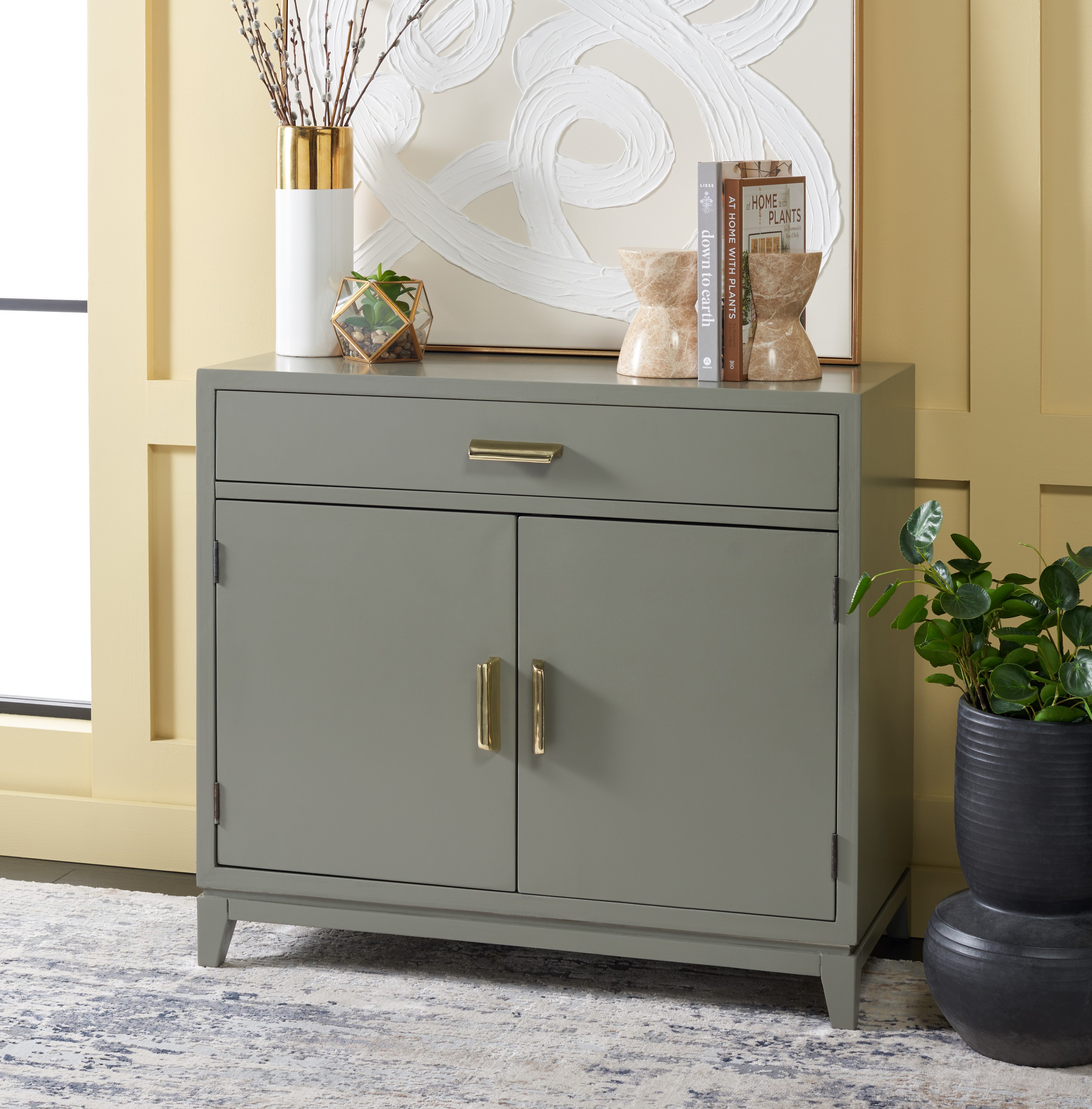SAFAVIEH Nigel Mid-Century 2 Door 1 Drawer Chest, Dark Grey/Brass (31.9 in. W x 15.9 in. D x 29 in. H)