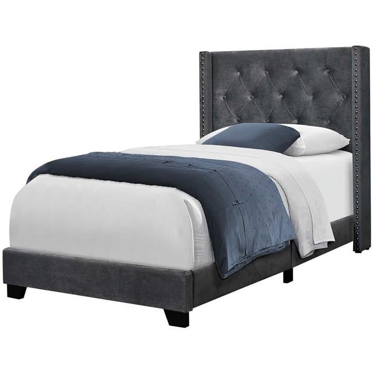 Dark Gray Velvet with Chrome Trim Twin Size Bed, 45.25 x 82.75 x 49.75 in.