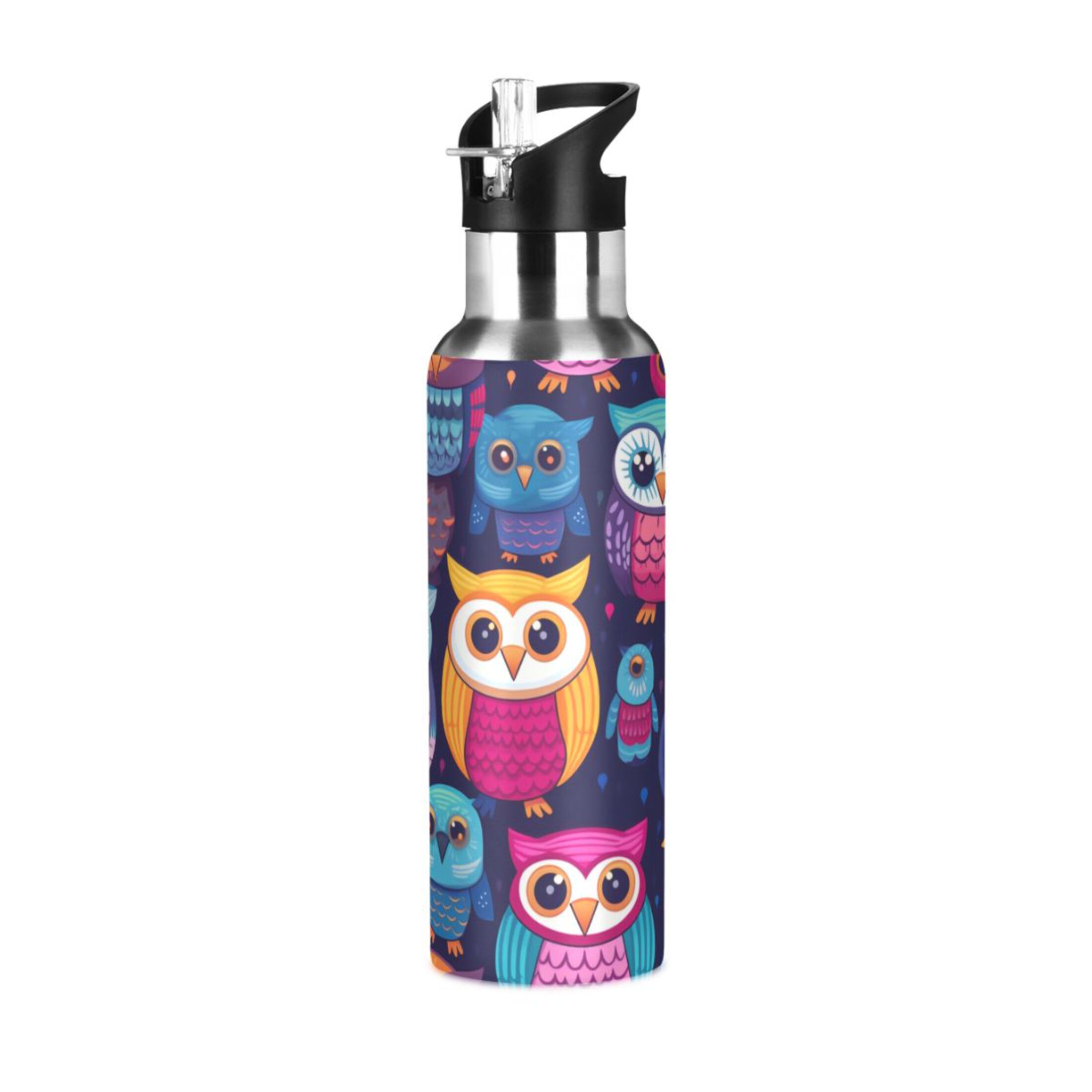Owls Water Bottles Insulated Thermos Kids Stainless Steel Bottle with Straw Lid Flask Leakproof for Sports Gym 20 oz
