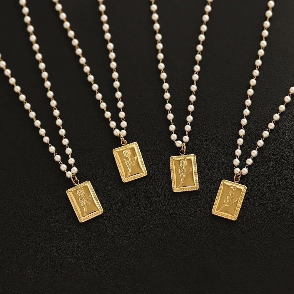 Tulip Flower Square Pendant Pearl 18K Gold Plated Chain Necklace,Gothic Pearl Beaded Strand Necklace