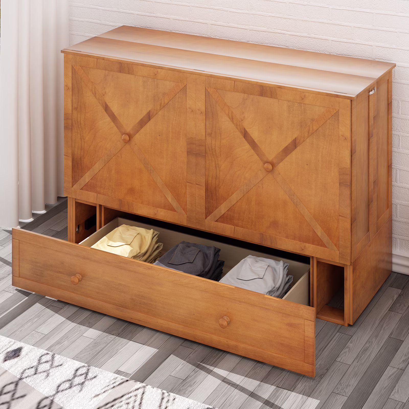 Mjkone Murphy Bed ,Murphy Cabinet Chest Bed, Cube Cabinet Space-Saving Murphy Bed with Charging Station for Multipurpose Guest Room or Home Office, Queen(Cherry)