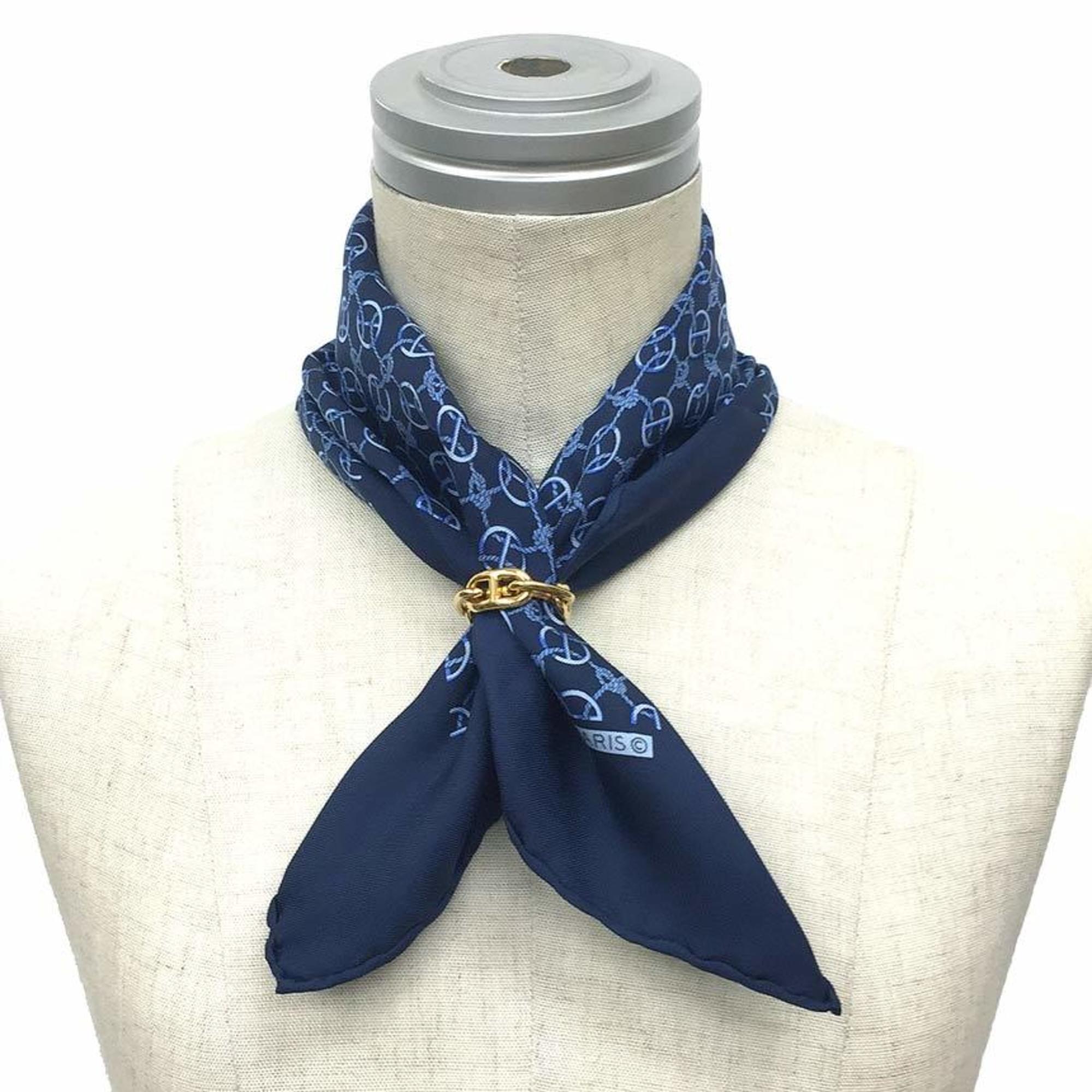 Pre-Owned Hermes HERMES Men's Pocket Square Chaine d'Ancre Scarf Muffler POCHETTE TWILL 100% Silk Navy Neckerchief Bandana Small aq6231 (Like New)