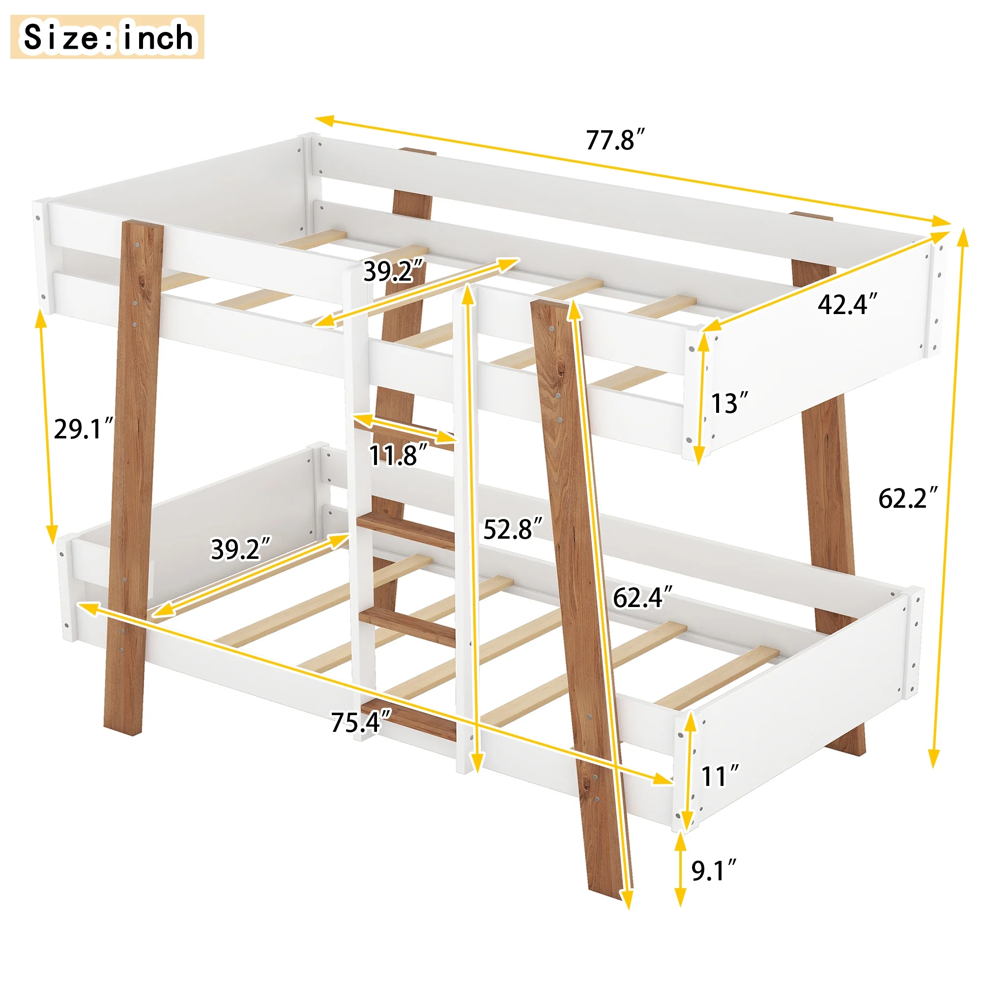 Euroco Wood Twin over Twin Bunk Bed, Inclined Bunk Bed Frame, No Box Spring Needed, White