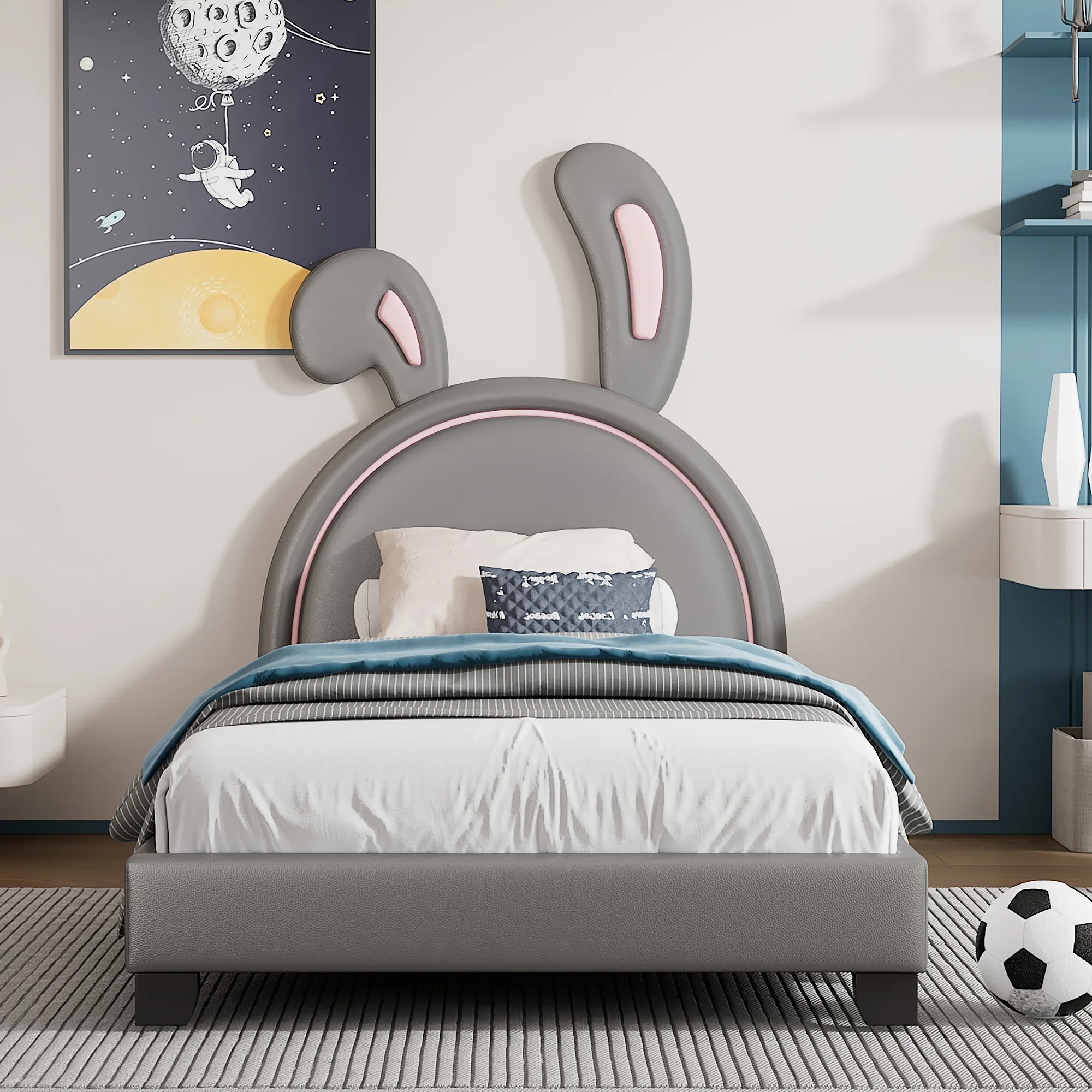 uhomepro Gray Upholstered Twin Bed Frame for Kids, Modern PU Leather Platform Bed Frame with Rabbit Ornament Headboard, Bedroom Furniture No Box Spring Needed