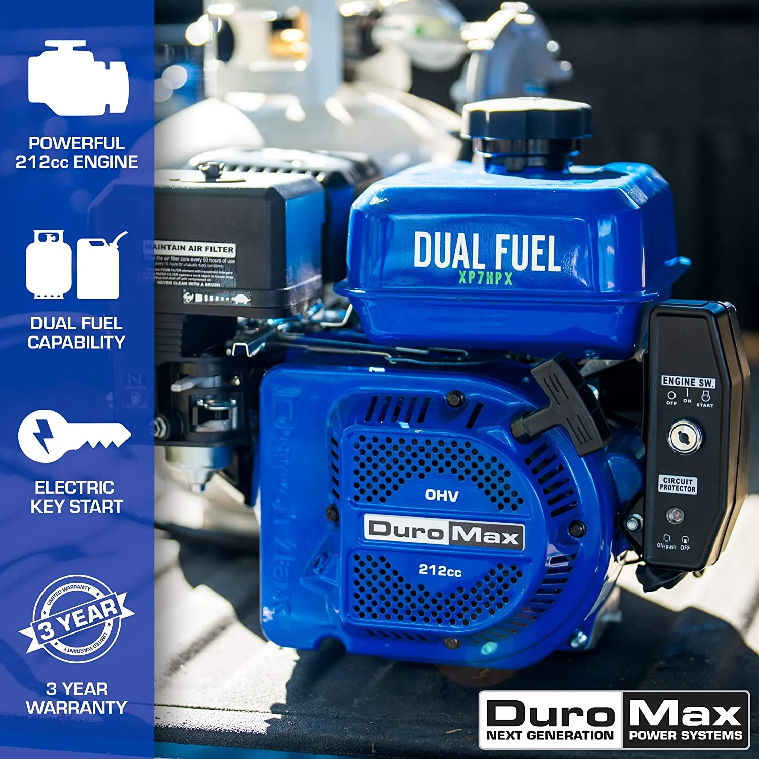 DuroMax XP7HPX 212cc 0.75in. Shaft Recoil Electric Start Horizontal Dual Fuel Engine