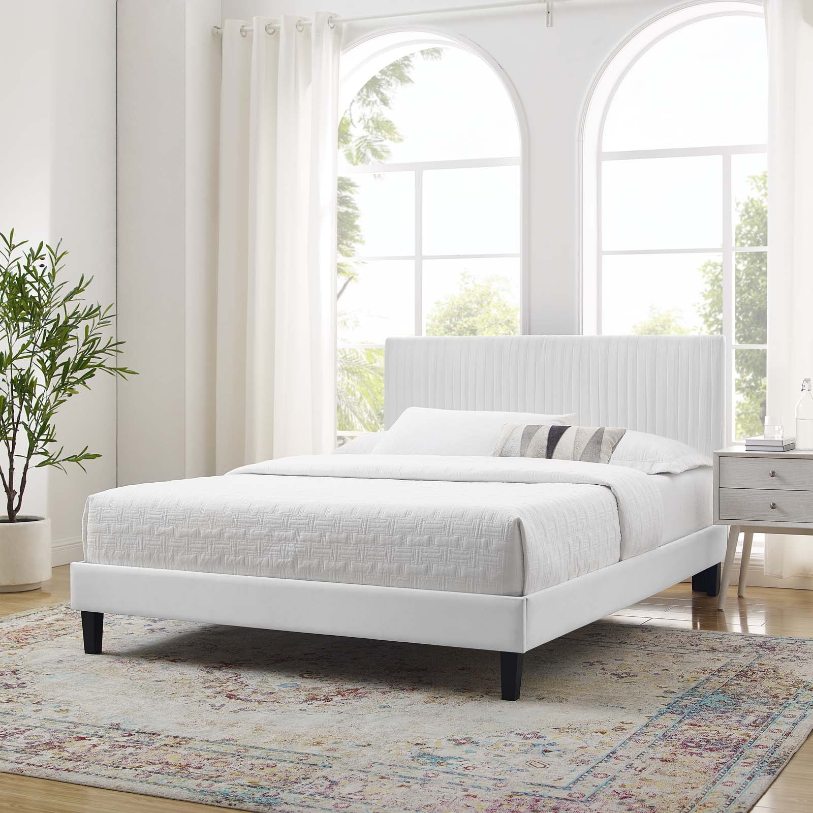 Platform Bed Frame, Twin Size, Velvet, White, Modern Contemporary Urban Design, Bedroom Master Guest Suite