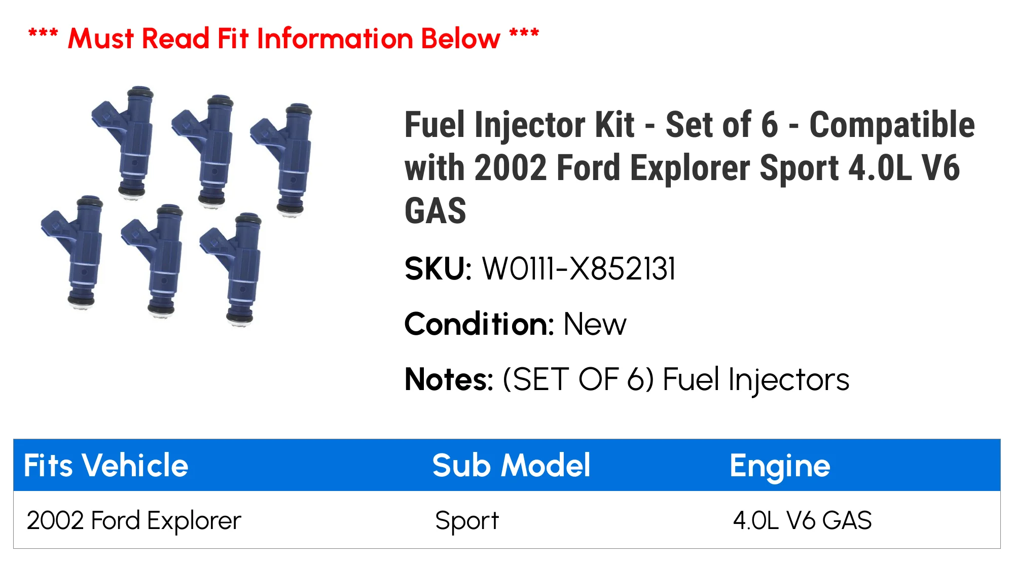 Fuel Injector Kit - Set of 6 - Compatible with 2002 Ford Explorer Sport 4.0L V6 GAS
