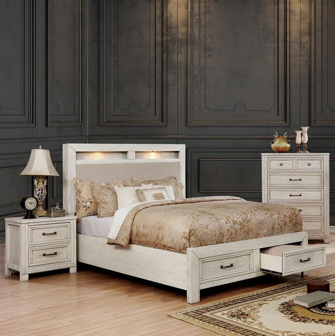 Transitional Antique White Solid Wood King Bedroom Set 3pcs FOA CM7365WH Tywyn