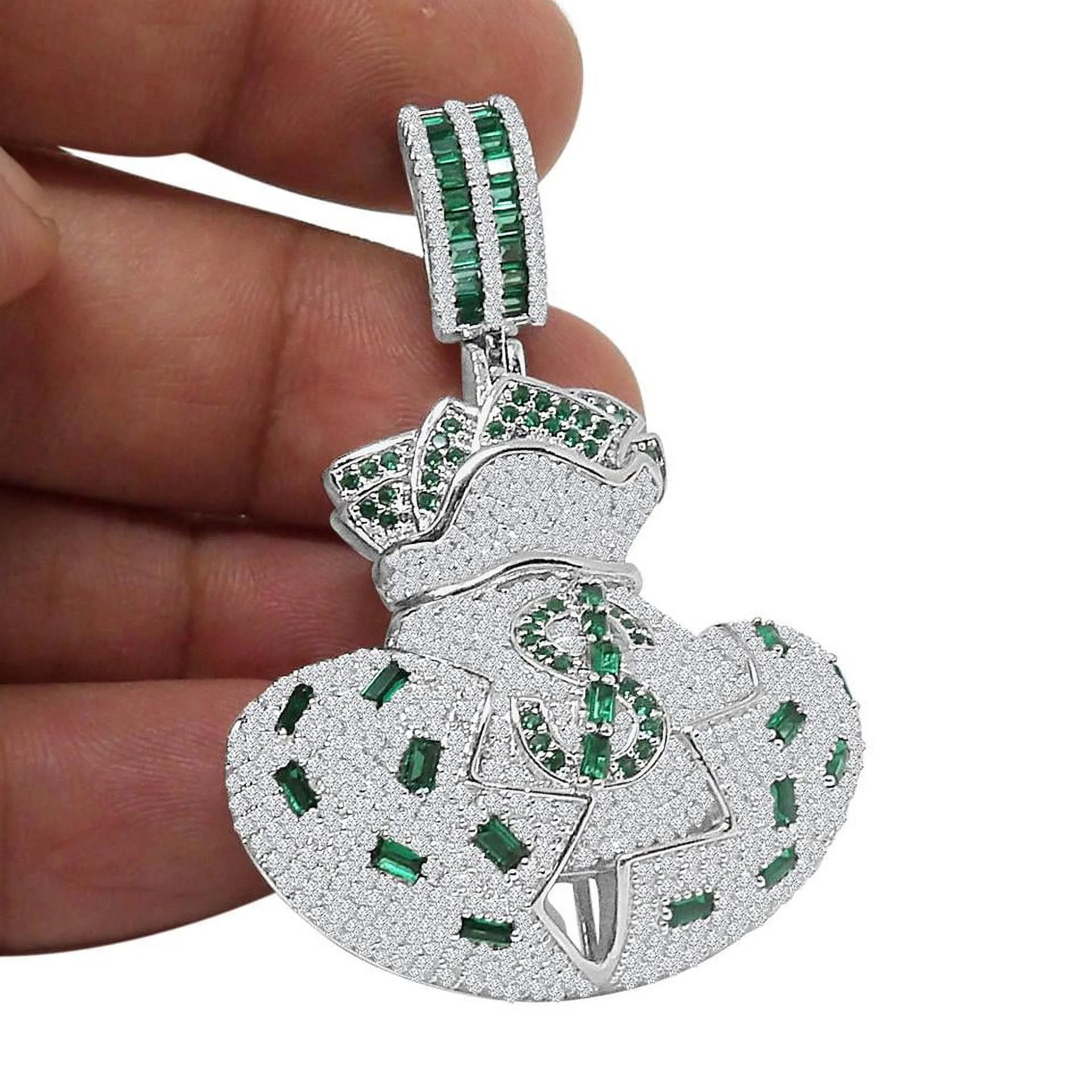 33+ Grams Real Sterling Silver Money Bag Cash Green Men's Baguette Pendant Charm