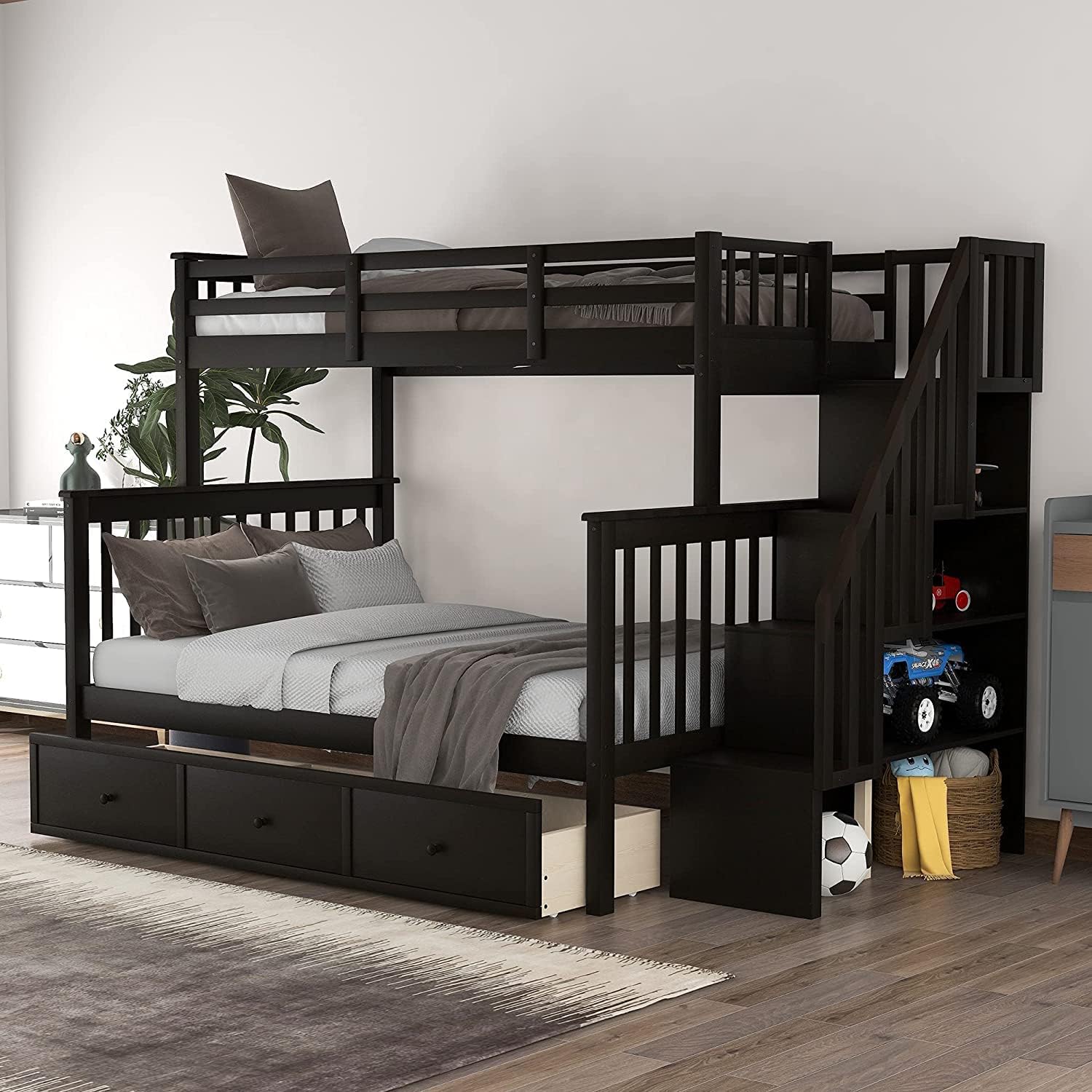 Over Full Bunk Bed With Stairs, Wood Bunk Bed Frame With Storage Drawers And Shelves, No Box Spring Needed (Espresso)